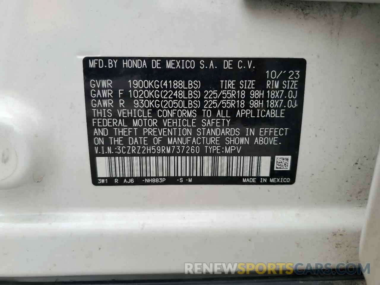 14 fotografías del automóvil dañado 3CZRZ2H59RM737260 HONDA HR-V 2024