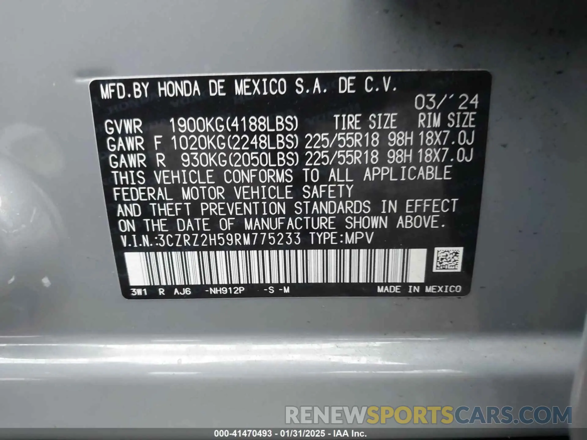 9 fotografías del automóvil dañado 3CZRZ2H59RM775233 HONDA HR-V 2024