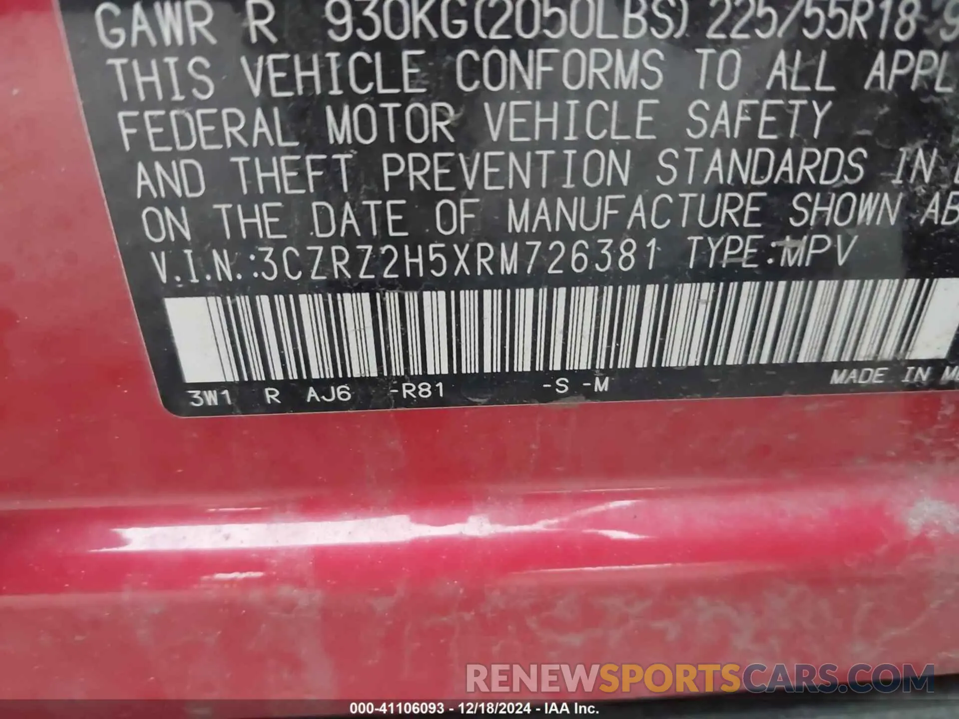 9 fotografías del automóvil dañado 3CZRZ2H5XRM726381 HONDA HR-V 2024