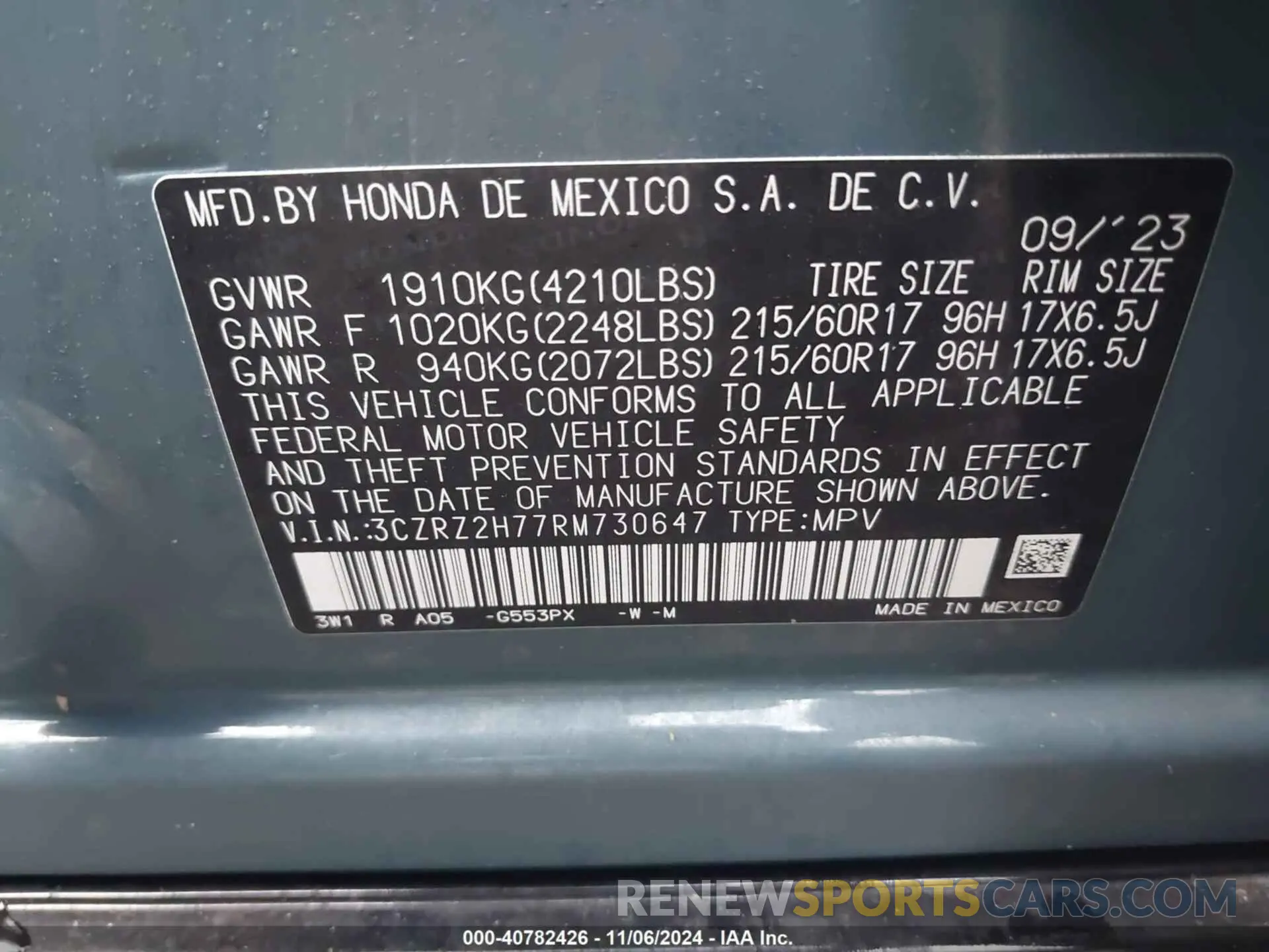9 fotografías del automóvil dañado 3CZRZ2H77RM730647 HONDA HR-V 2024