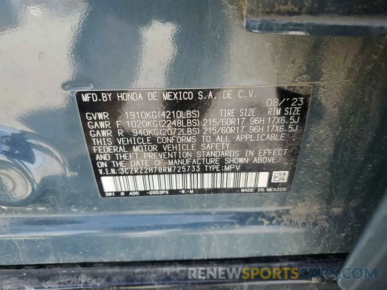 13 fotografías del automóvil dañado 3CZRZ2H78RM725733 HONDA HR-V 2024