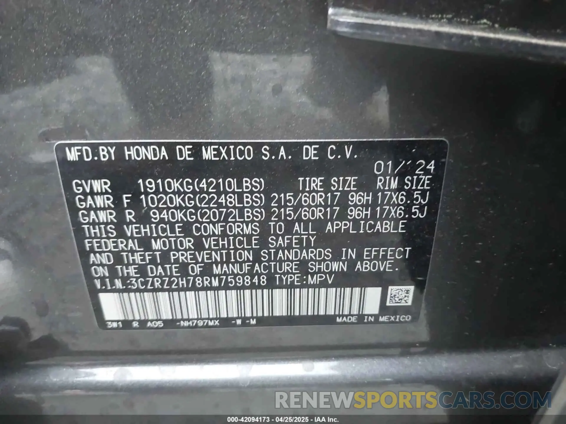 9 fotografías del automóvil dañado 3CZRZ2H78RM759848 HONDA HR-V 2024