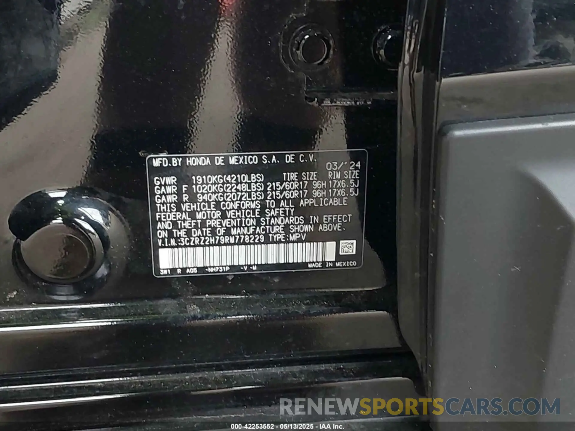 9 fotografías del automóvil dañado 3CZRZ2H79RM778229 HONDA HR-V 2024