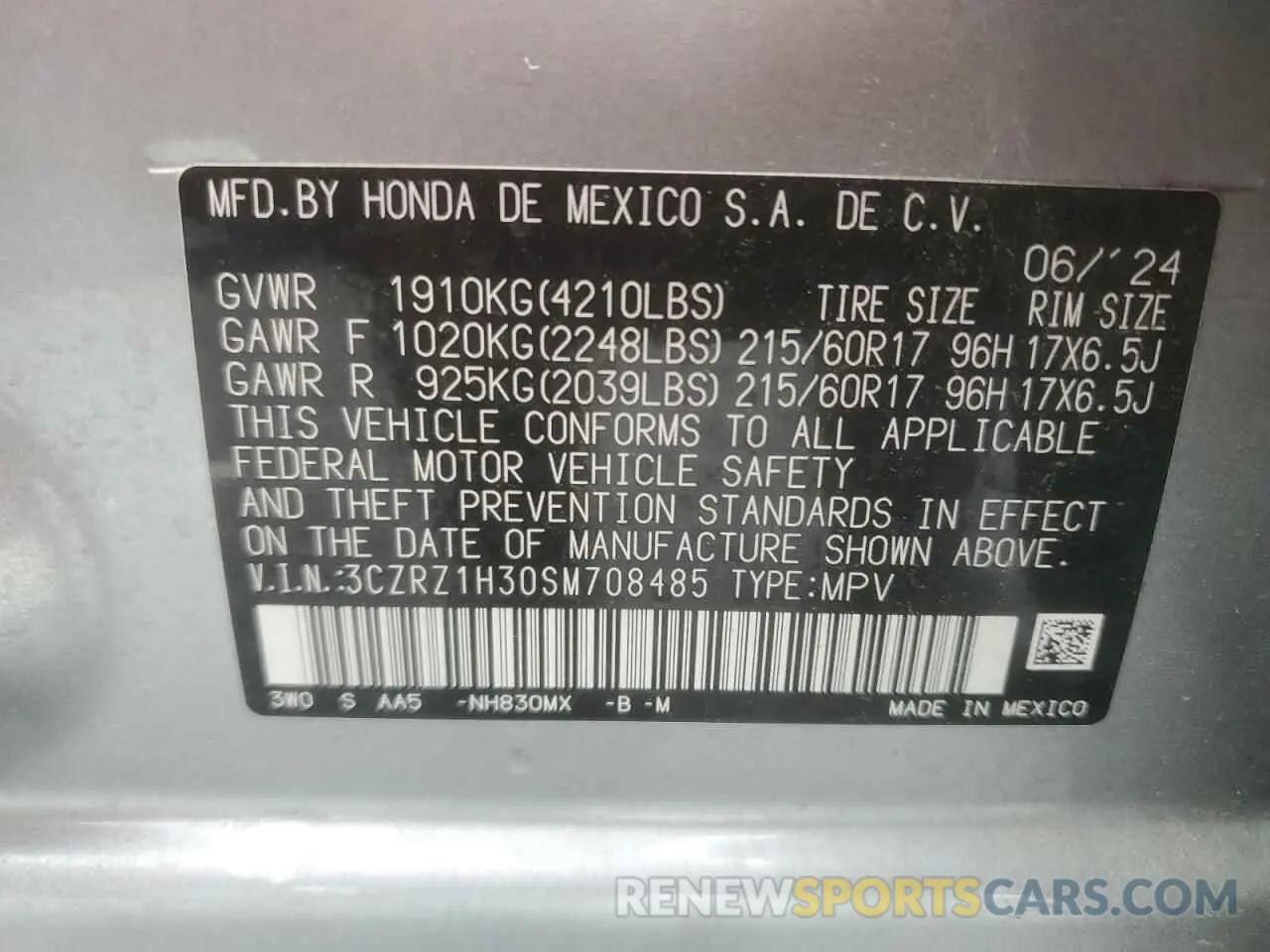 13 fotografías del automóvil dañado 3CZRZ1H30SM708485 HONDA HR-V 2025