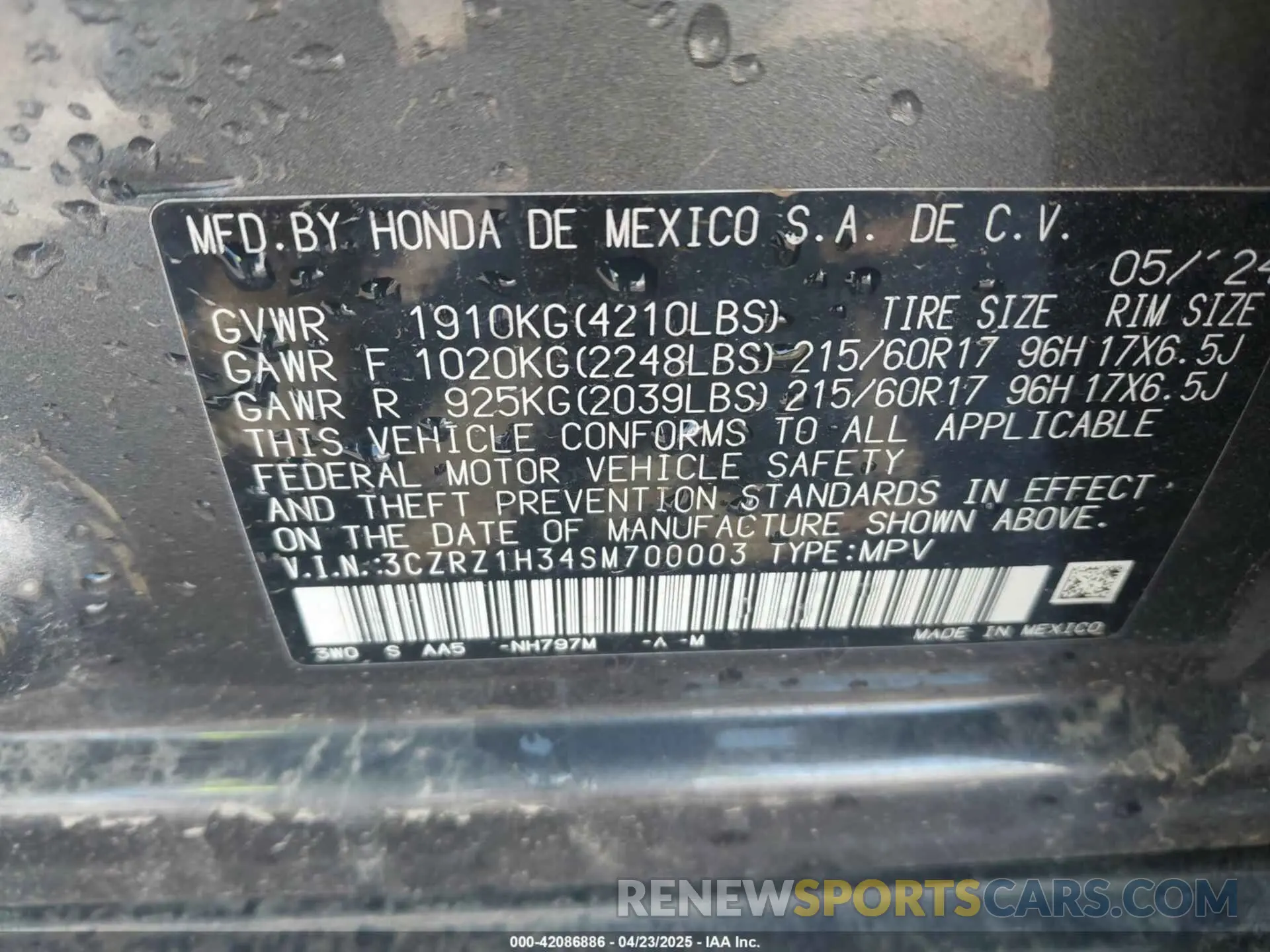 9 fotografías del automóvil dañado 3CZRZ1H34SM700003 HONDA HR-V 2025