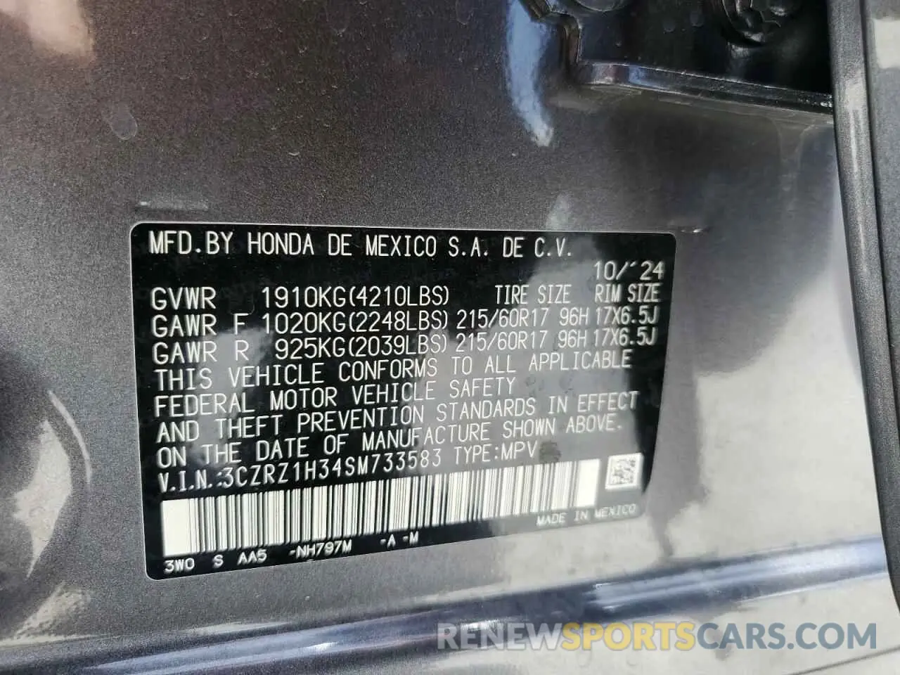 14 fotografías del automóvil dañado 3CZRZ1H34SM733583 HONDA HR-V 2025