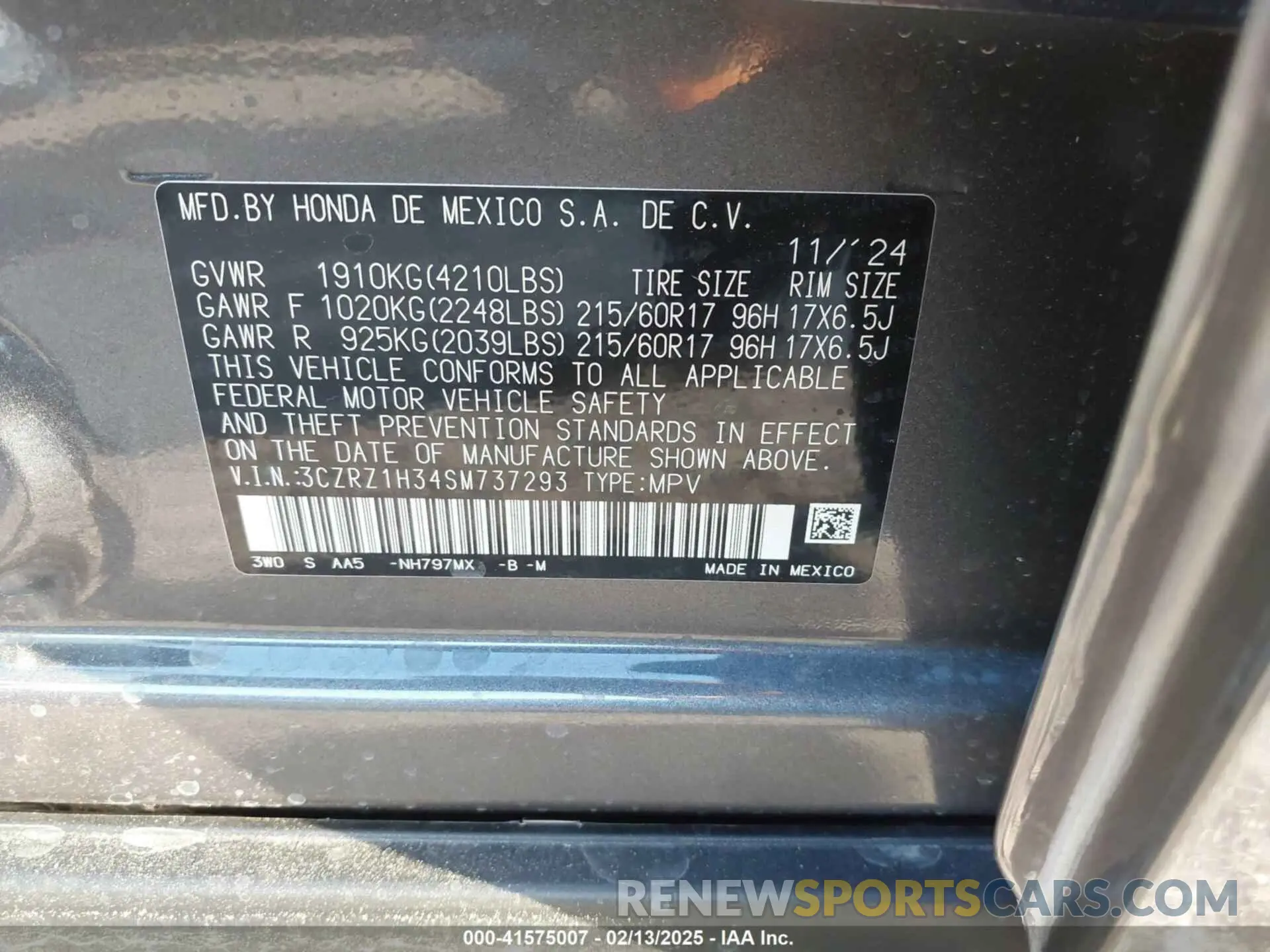 9 fotografías del automóvil dañado 3CZRZ1H34SM737293 HONDA HR-V 2025