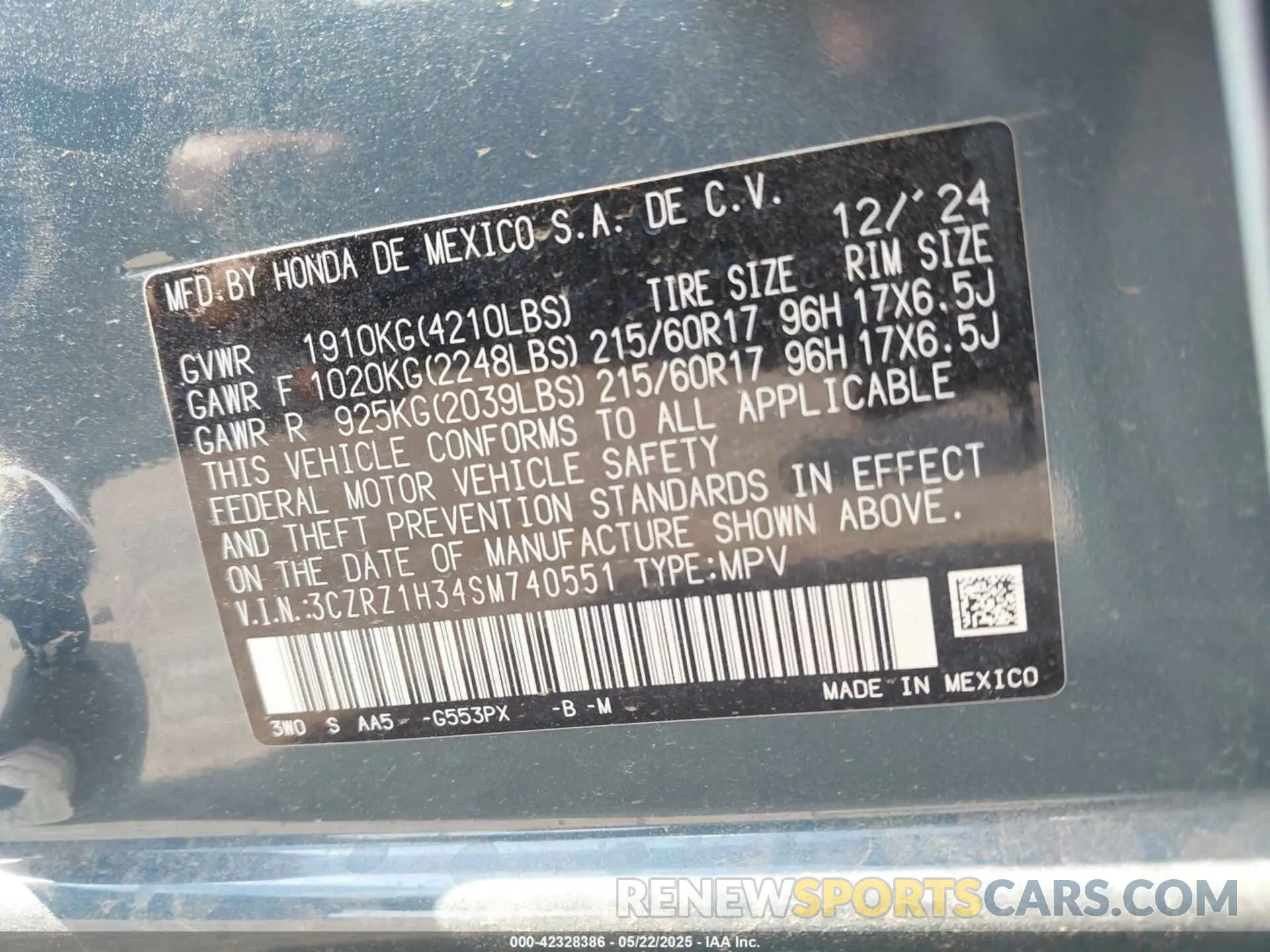 9 fotografías del automóvil dañado 3CZRZ1H34SM740551 HONDA HR-V 2025