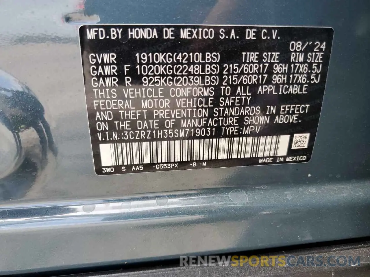 13 fotografías del automóvil dañado 3CZRZ1H35SM719031 HONDA HR-V 2025