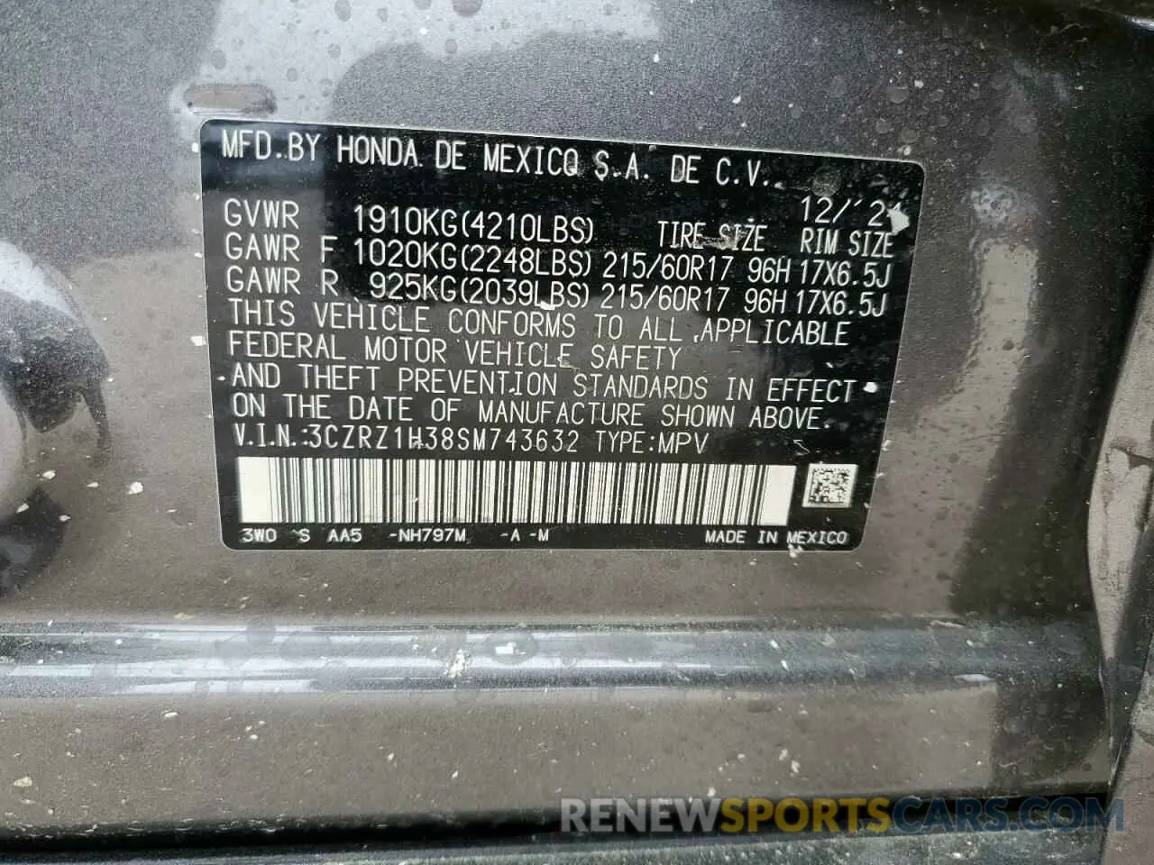 16 fotografías del automóvil dañado 3CZRZ1H38SM743632 HONDA HR-V 2025