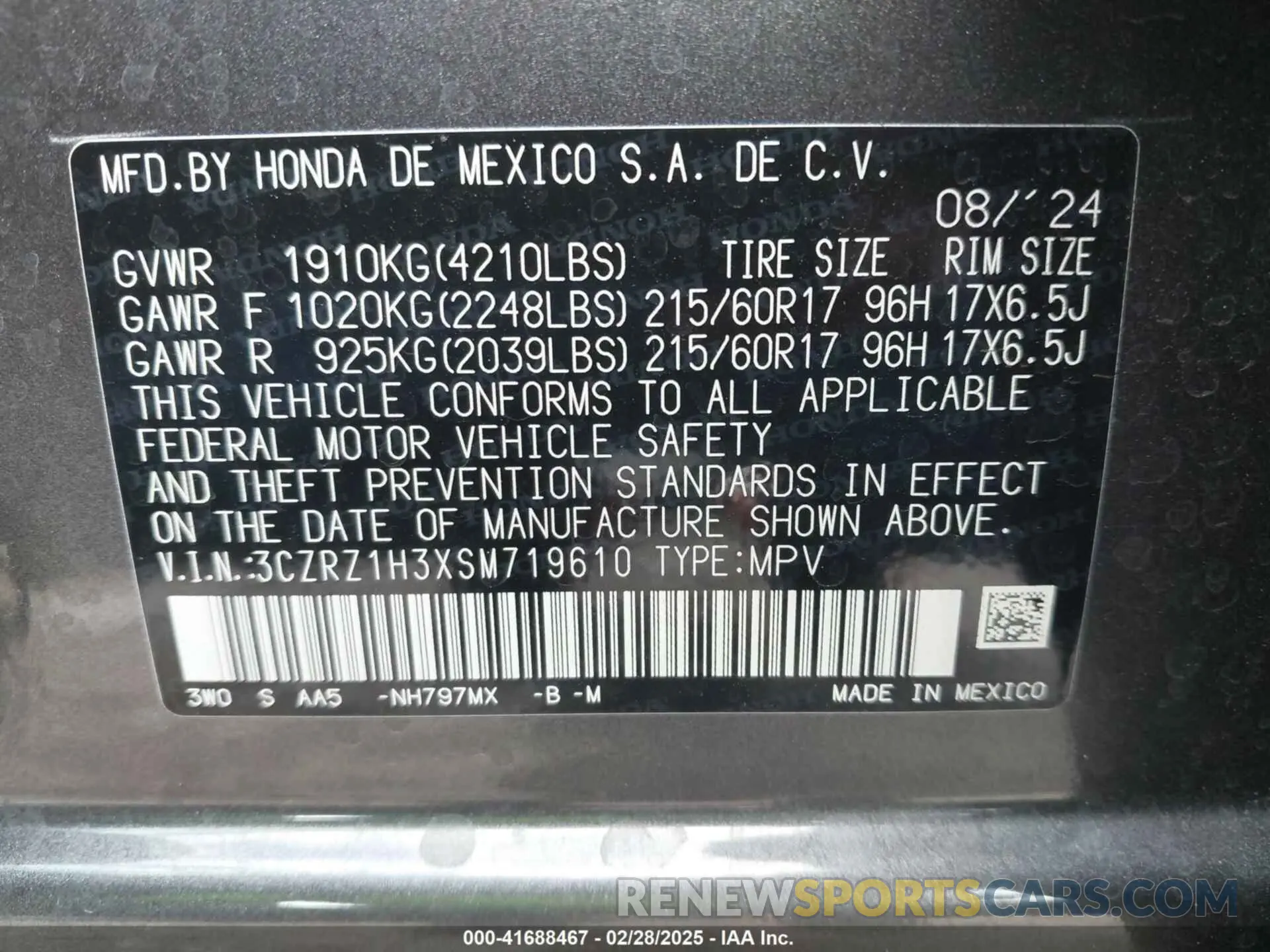 9 fotografías del automóvil dañado 3CZRZ1H3XSM719610 HONDA HR-V 2025