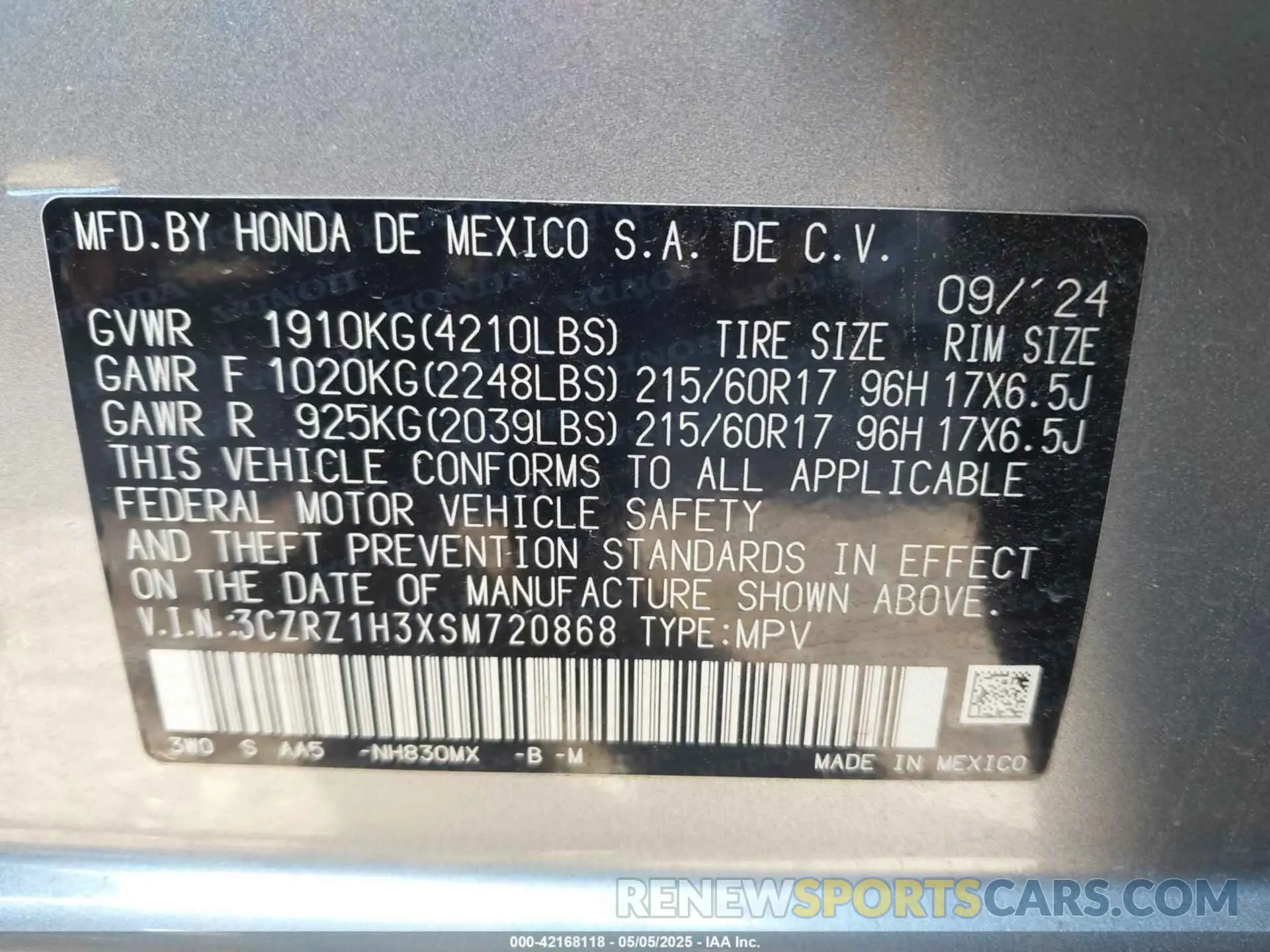 9 fotografías del automóvil dañado 3CZRZ1H3XSM720868 HONDA HR-V 2025