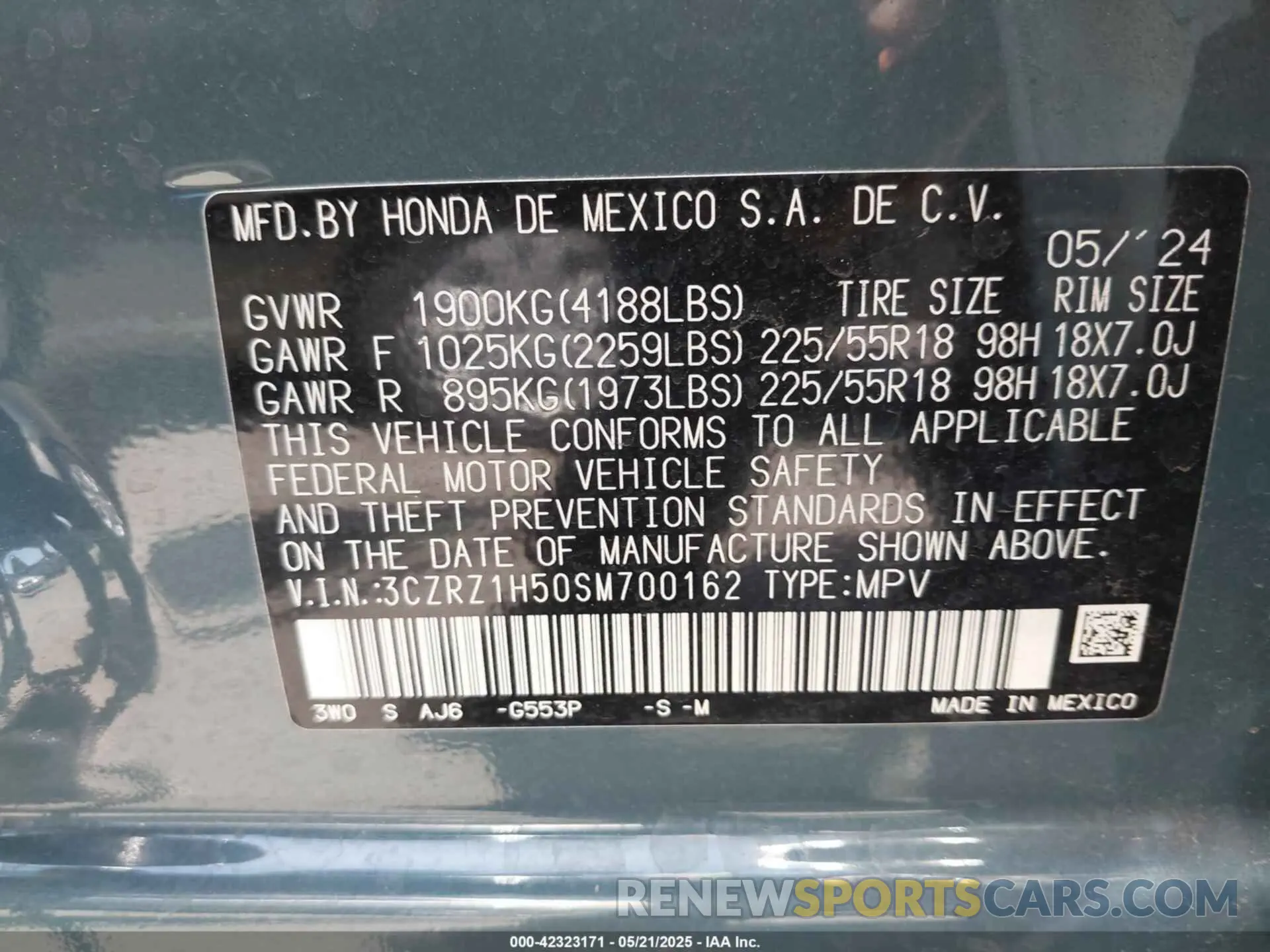 9 fotografías del automóvil dañado 3CZRZ1H50SM700162 HONDA HR-V 2025