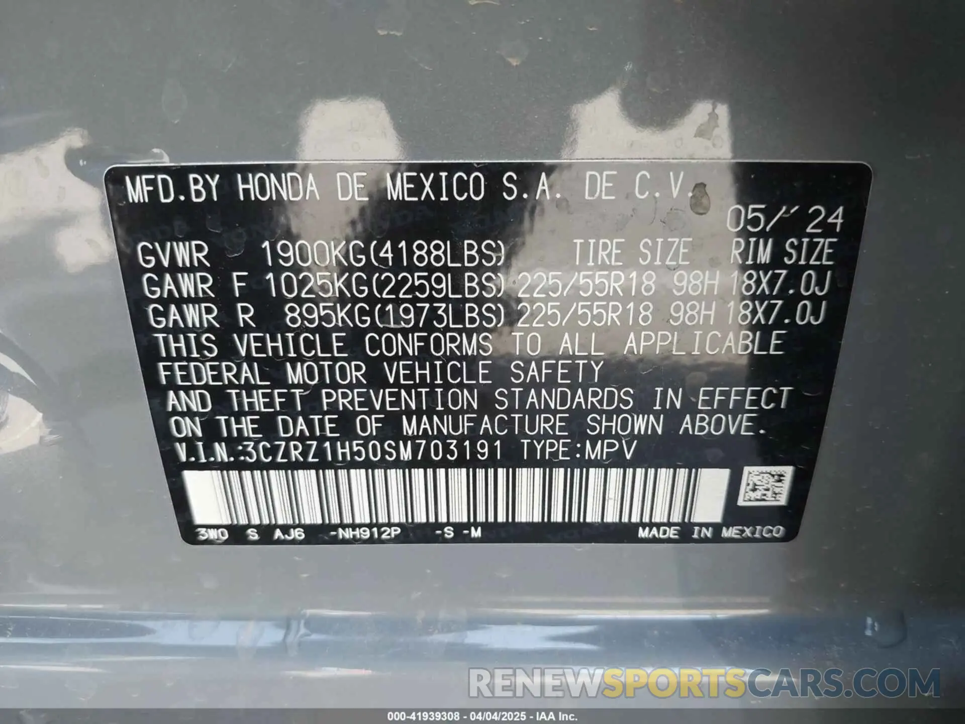 9 fotografías del automóvil dañado 3CZRZ1H50SM703191 HONDA HR-V 2025