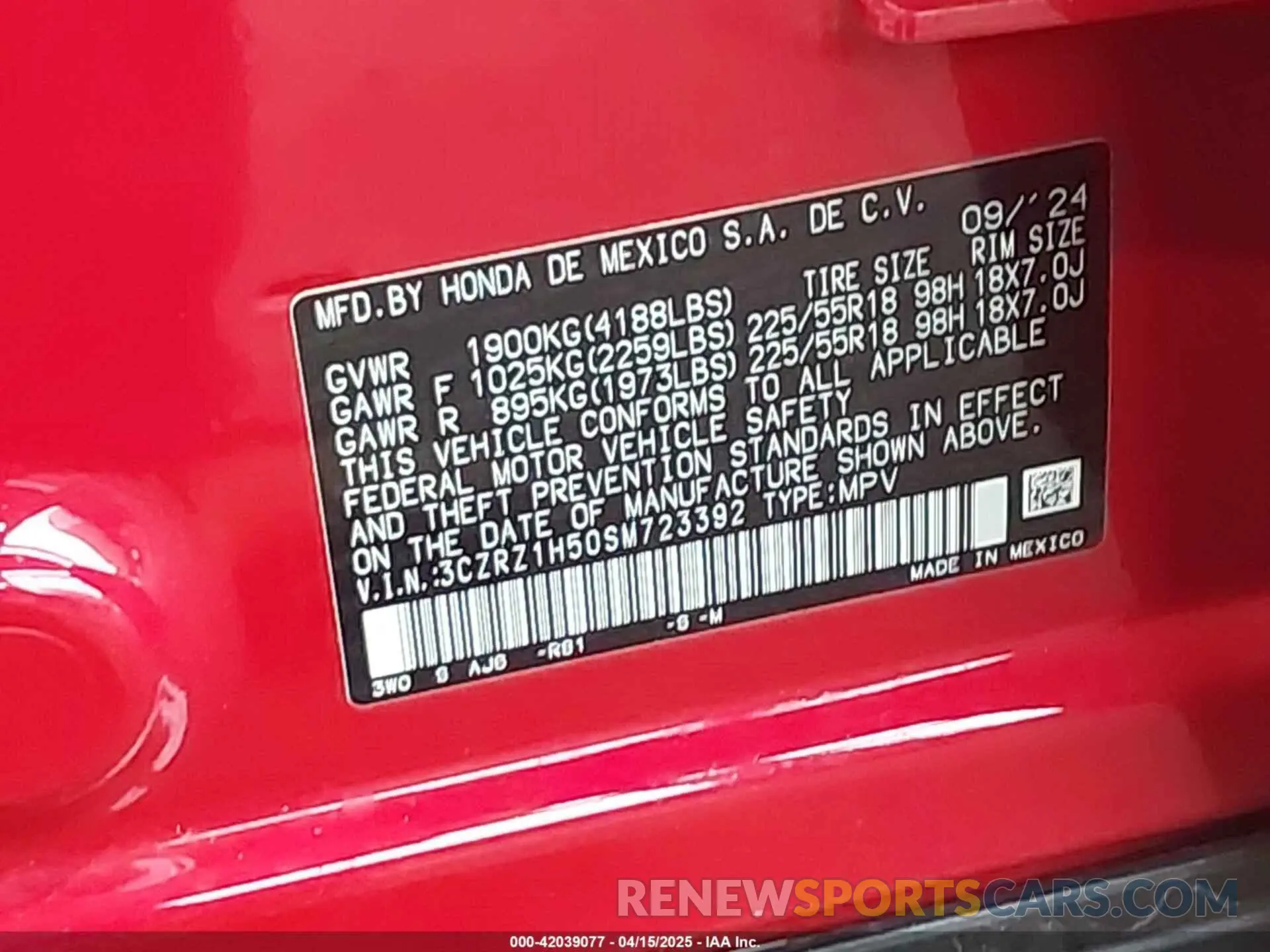 9 fotografías del automóvil dañado 3CZRZ1H50SM723392 HONDA HR-V 2025