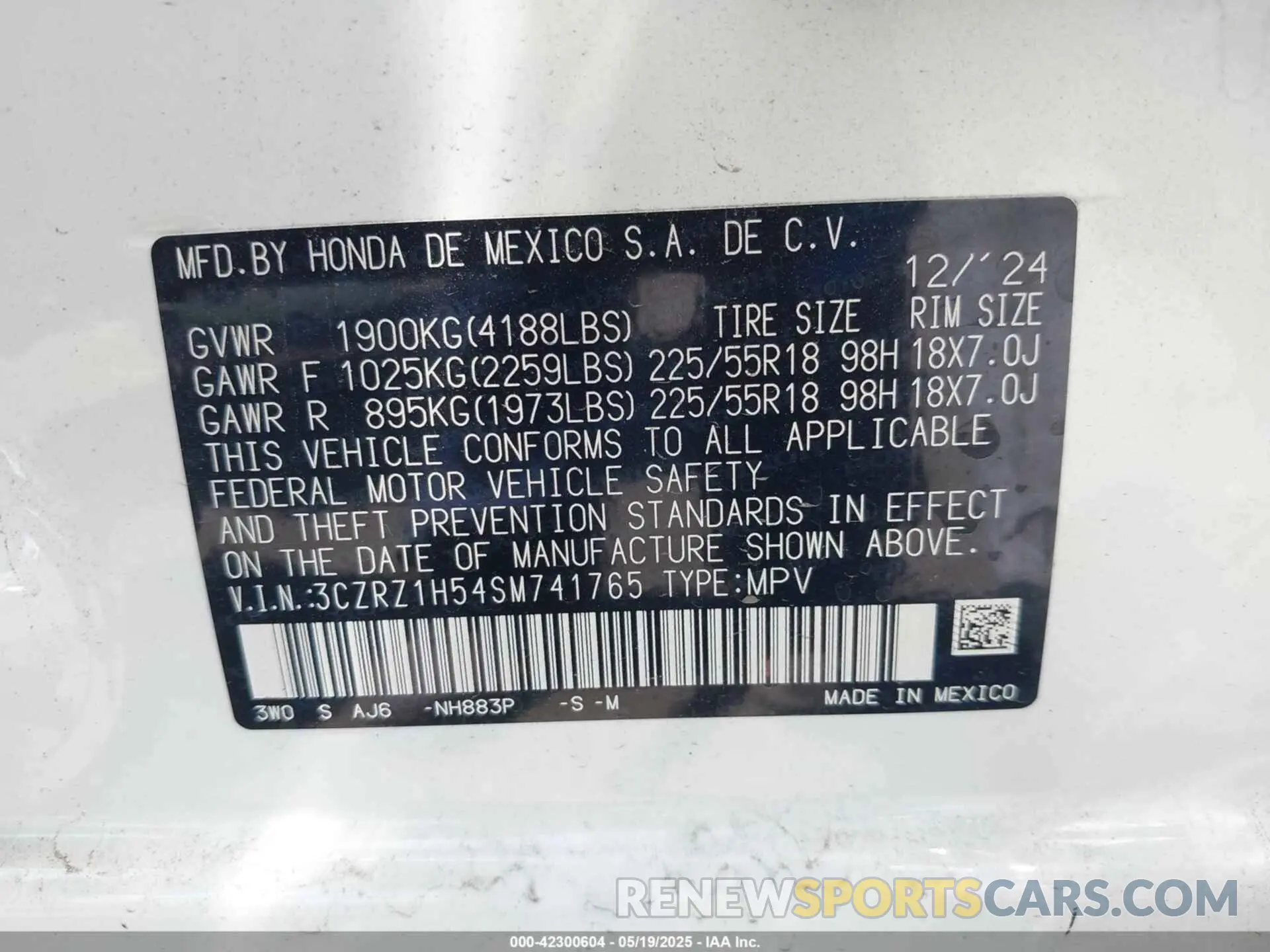 9 fotografías del automóvil dañado 3CZRZ1H54SM741765 HONDA HR-V 2025
