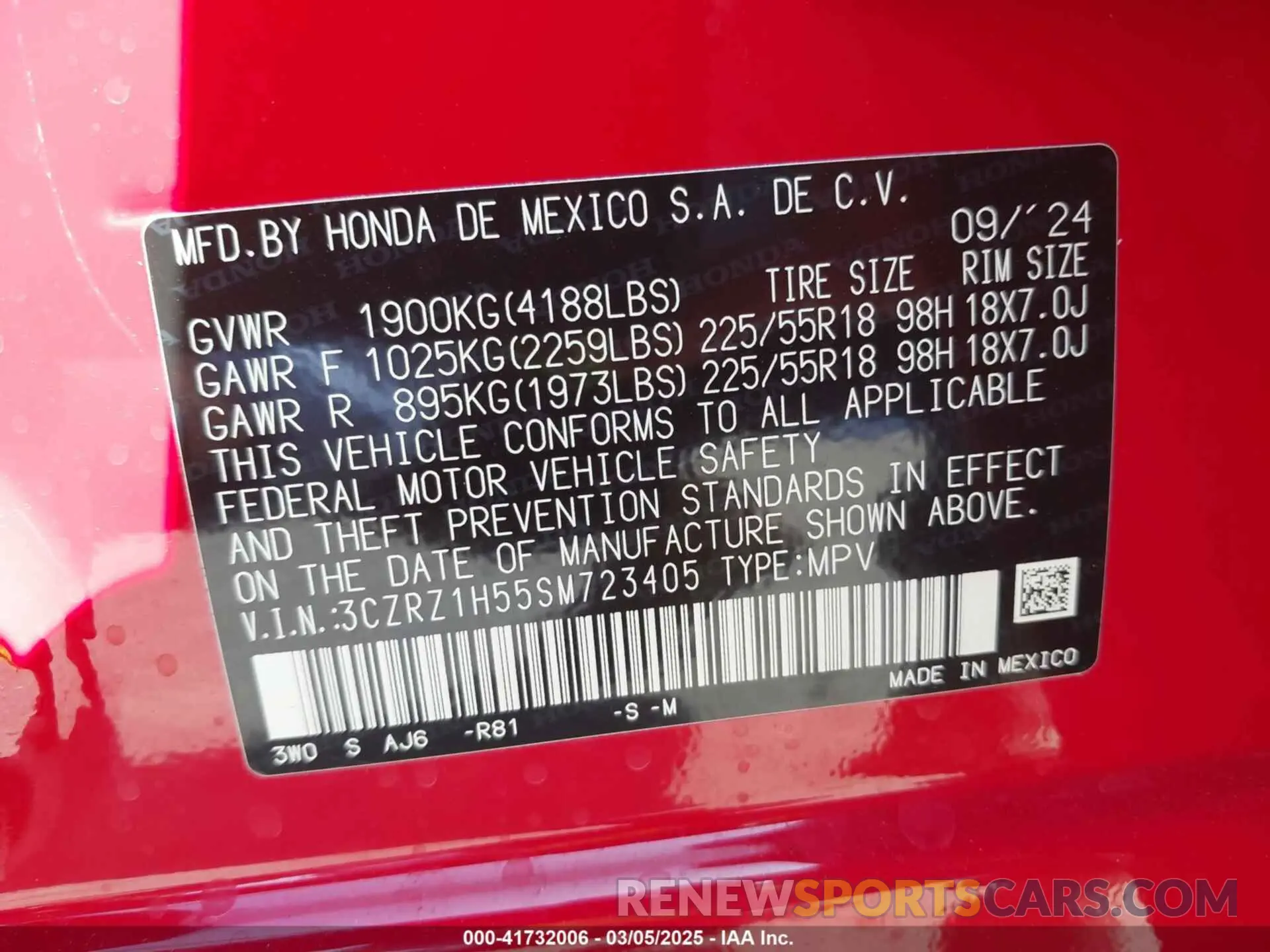 9 fotografías del automóvil dañado 3CZRZ1H55SM723405 HONDA HR-V 2025