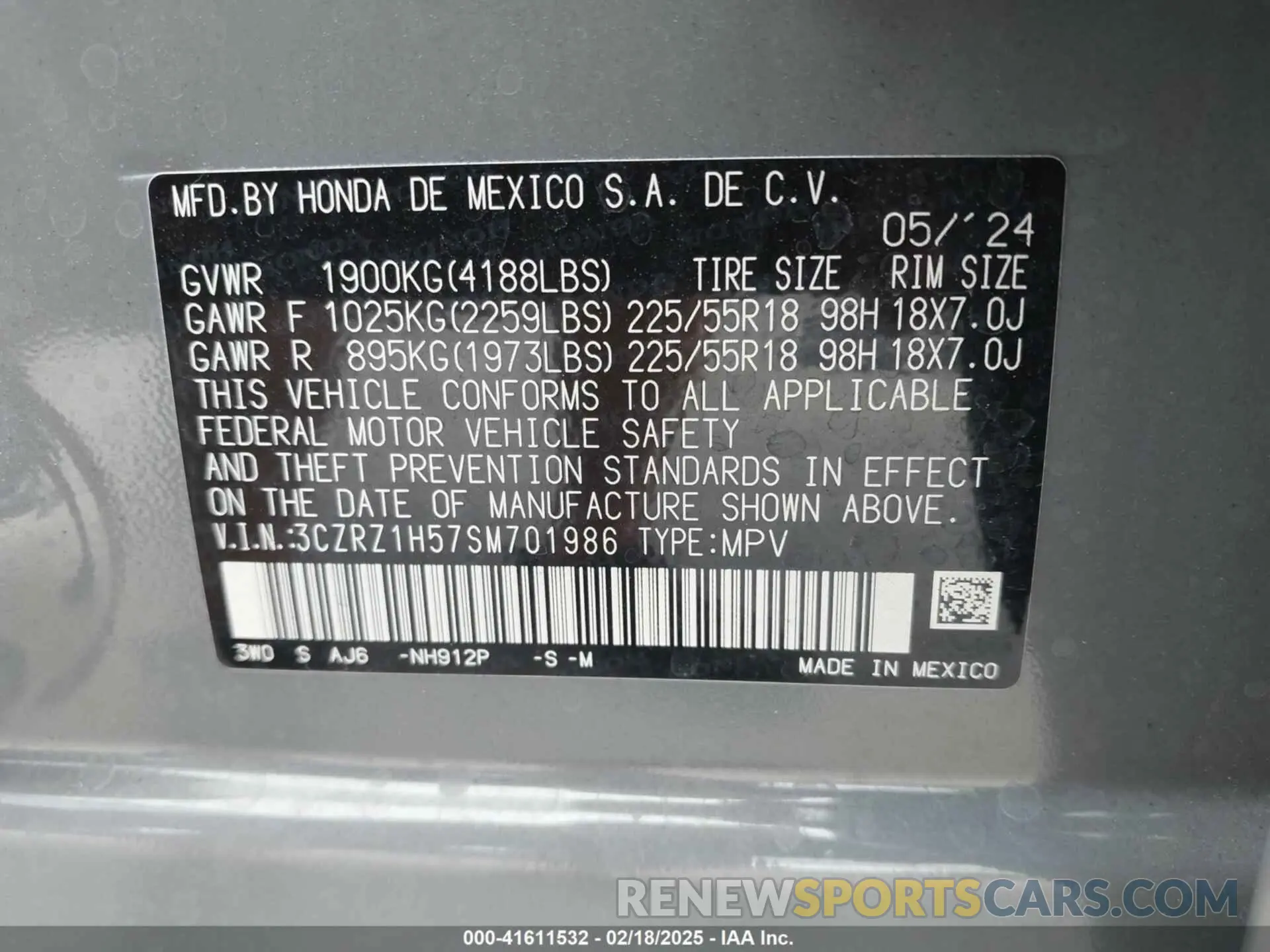 9 fotografías del automóvil dañado 3CZRZ1H57SM701986 HONDA HR-V 2025