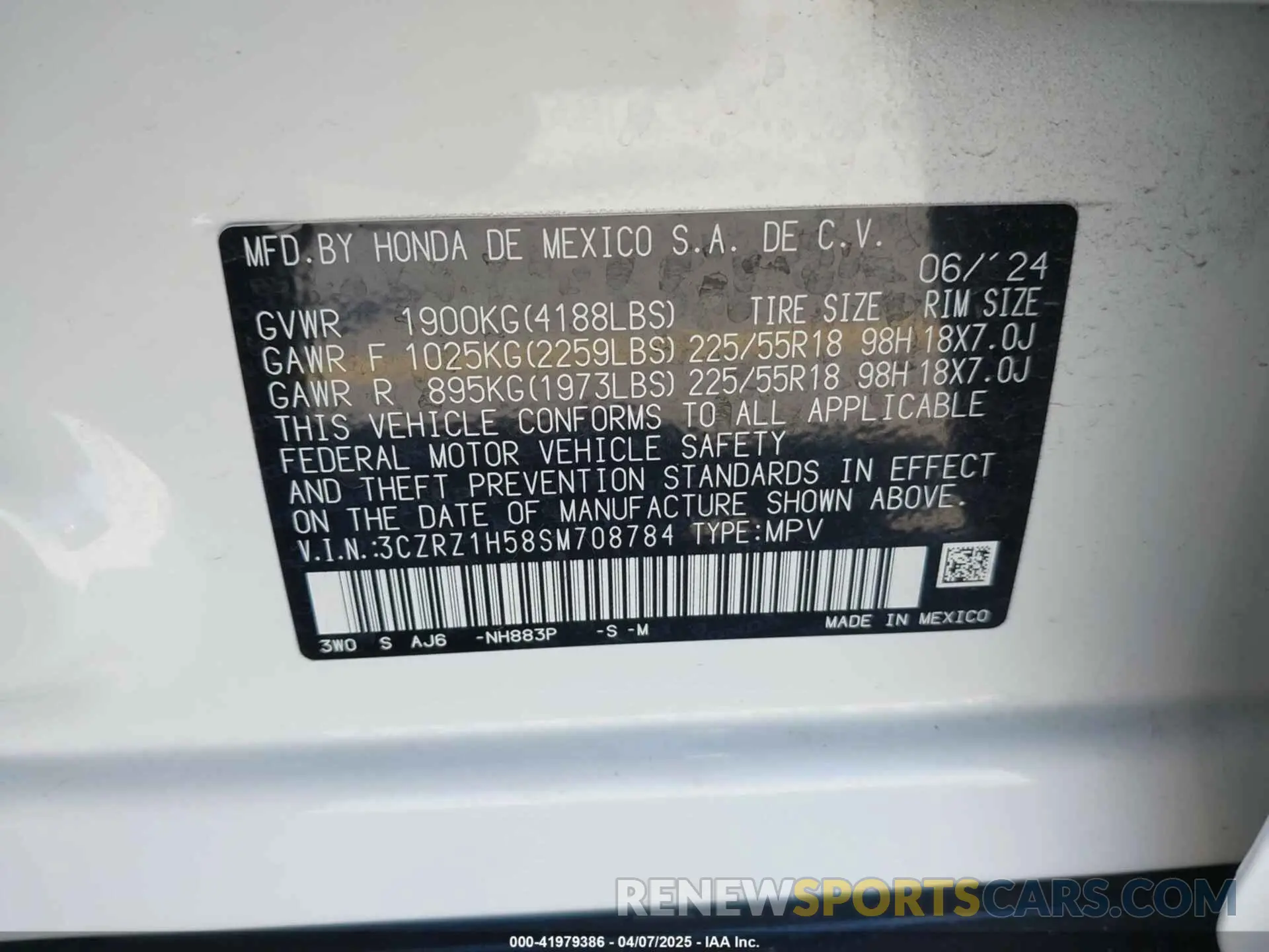 9 fotografías del automóvil dañado 3CZRZ1H58SM708784 HONDA HR-V 2025