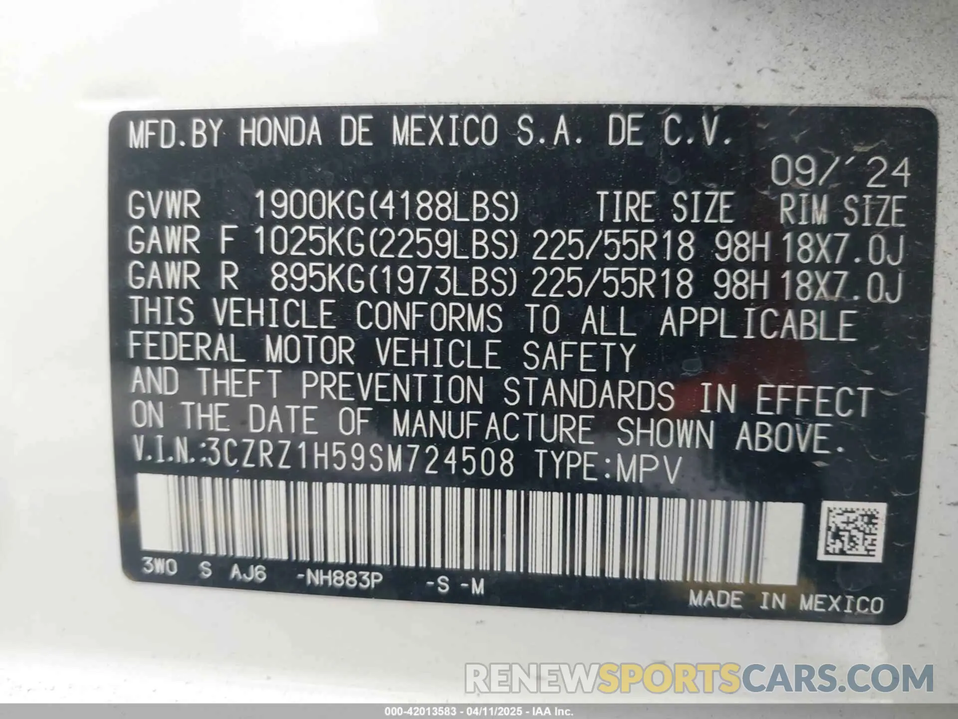 9 fotografías del automóvil dañado 3CZRZ1H59SM724508 HONDA HR-V 2025