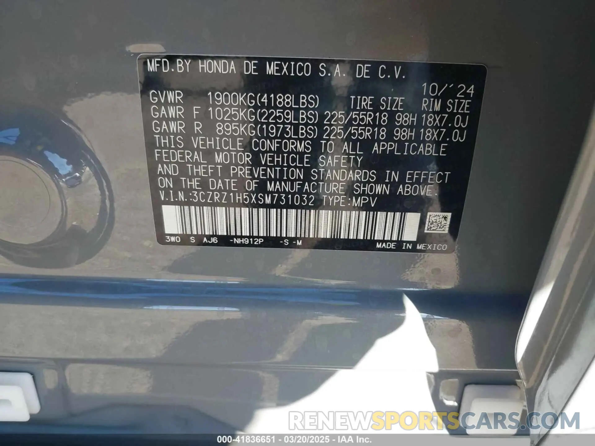 8 fotografías del automóvil dañado 3CZRZ1H5XSM731032 HONDA HR-V 2025