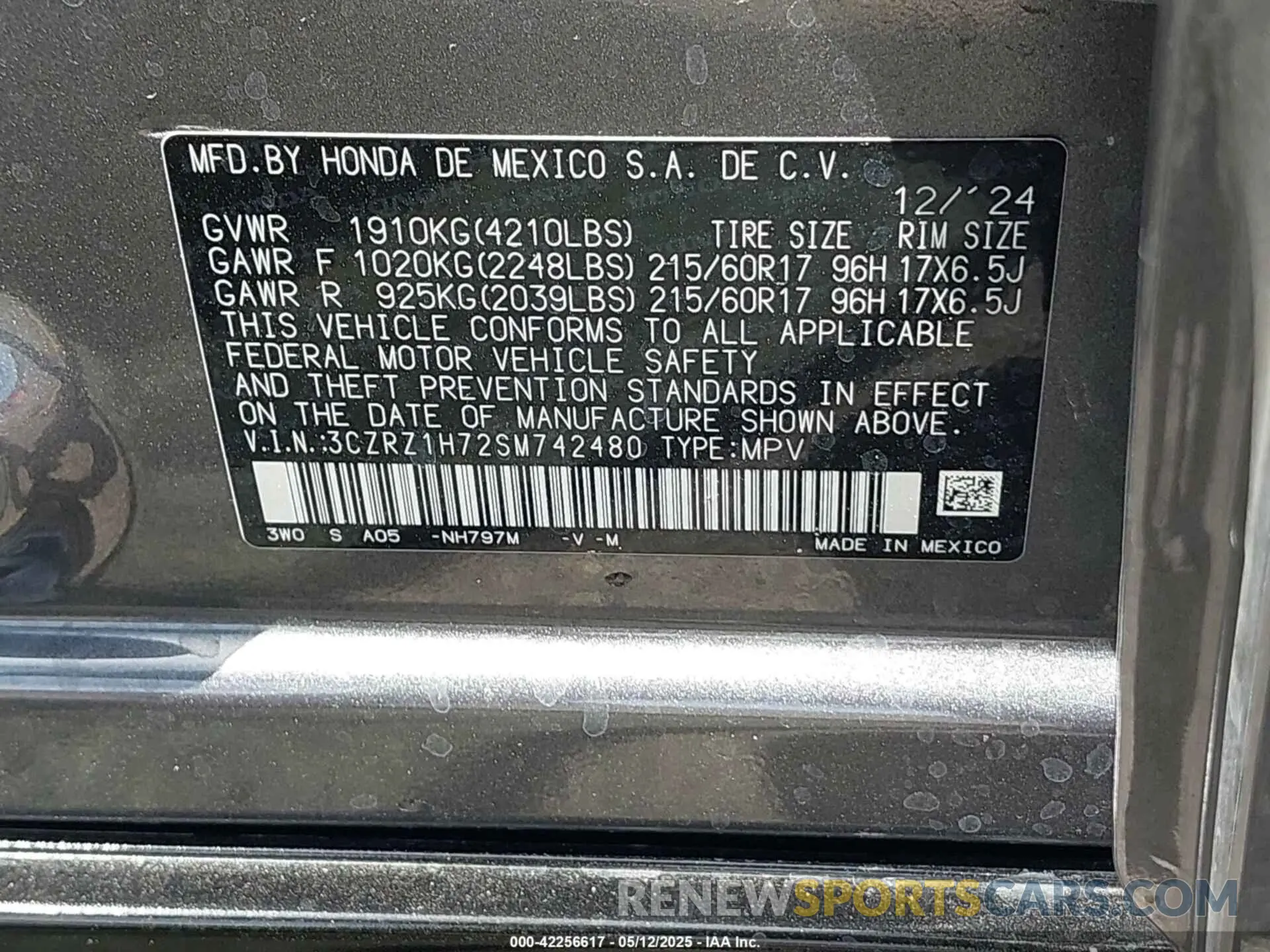 9 fotografías del automóvil dañado 3CZRZ1H72SM742480 HONDA HR-V 2025