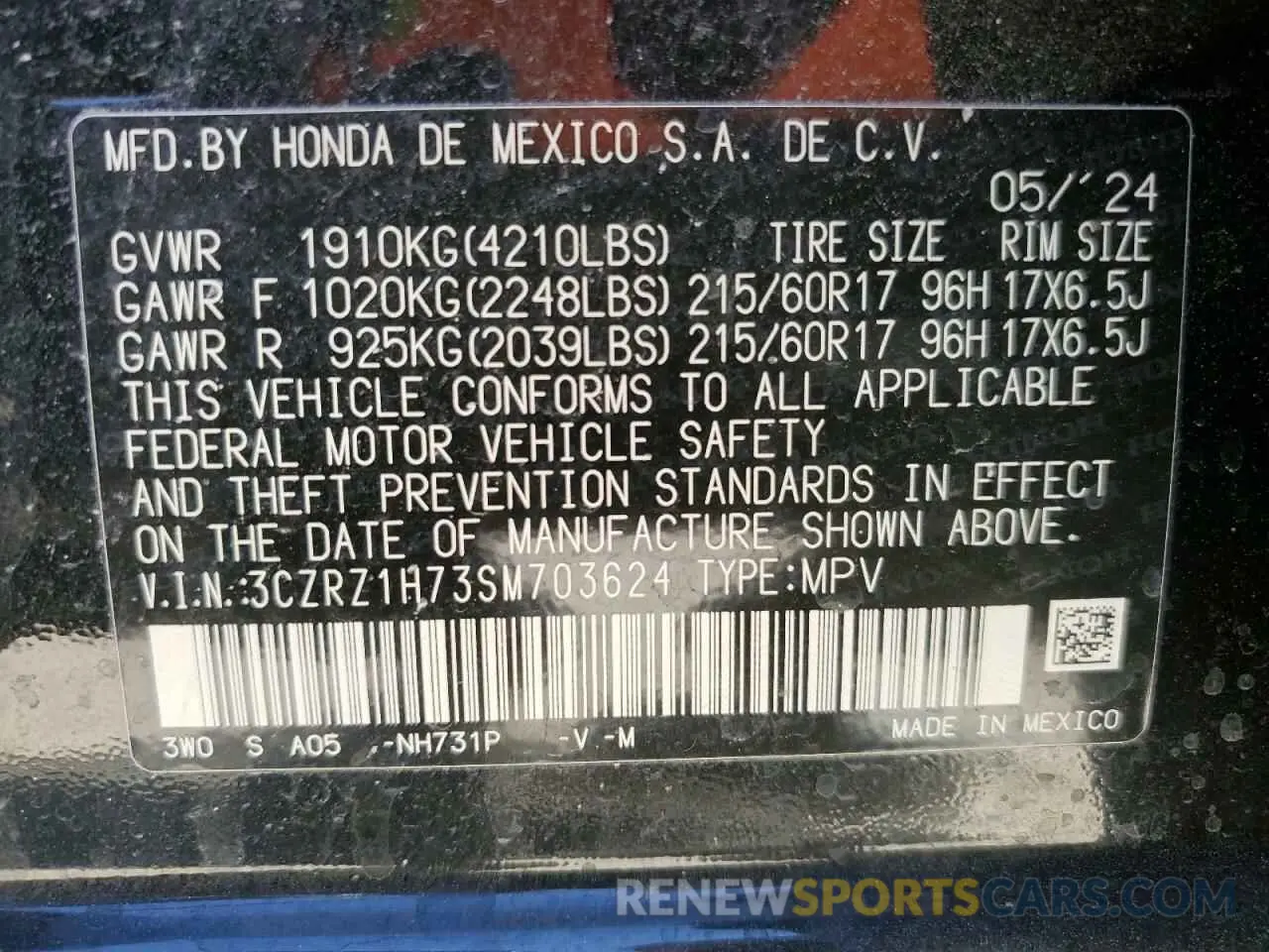 13 fotografías del automóvil dañado 3CZRZ1H73SM703624 HONDA HR-V 2025
