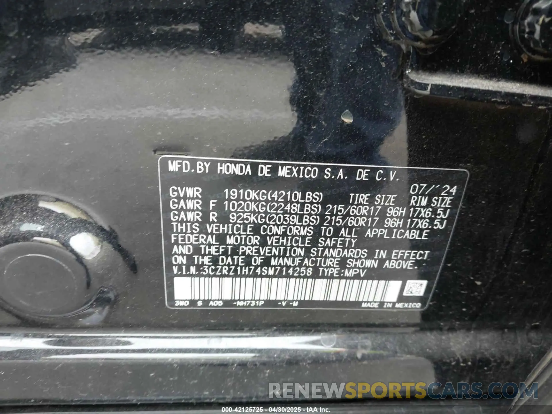 9 fotografías del automóvil dañado 3CZRZ1H74SM714258 HONDA HR-V 2025