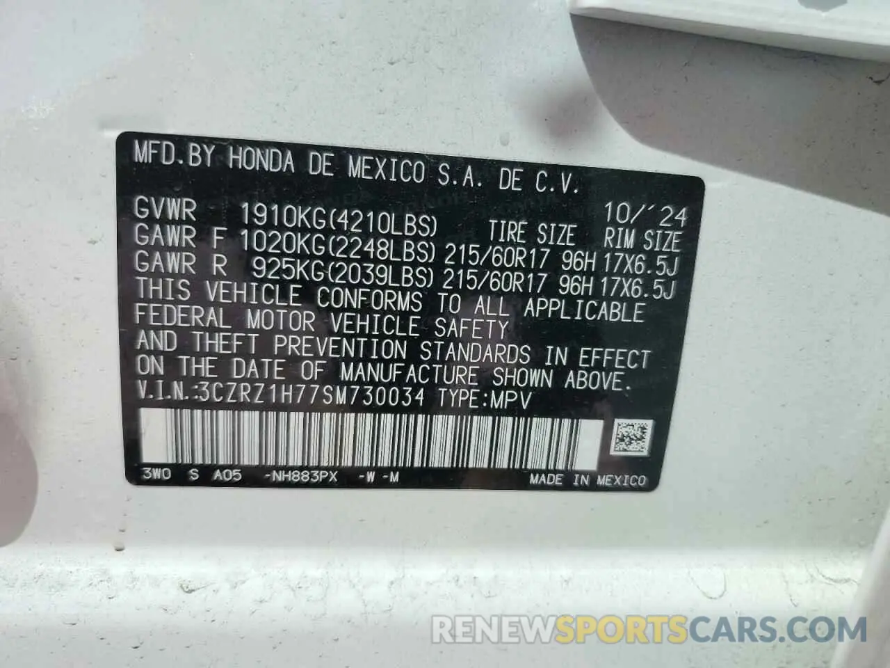 15 fotografías del automóvil dañado 3CZRZ1H77SM730034 HONDA HR-V 2025