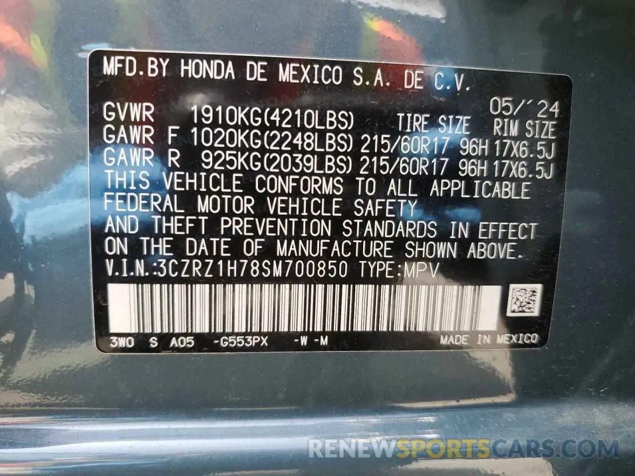 13 fotografías del automóvil dañado 3CZRZ1H78SM700850 HONDA HR-V 2025