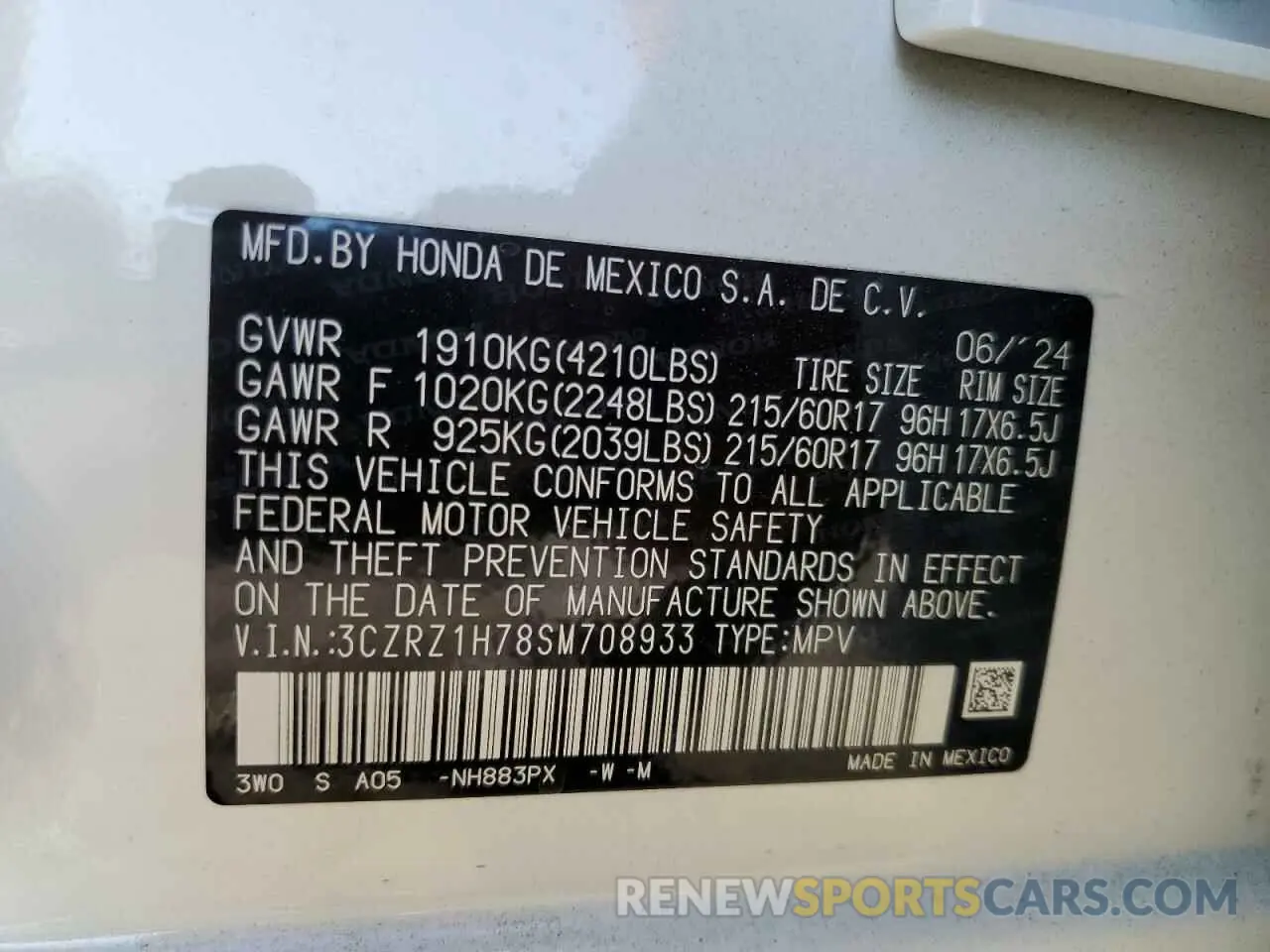 13 fotografías del automóvil dañado 3CZRZ1H78SM708933 HONDA HR-V 2025
