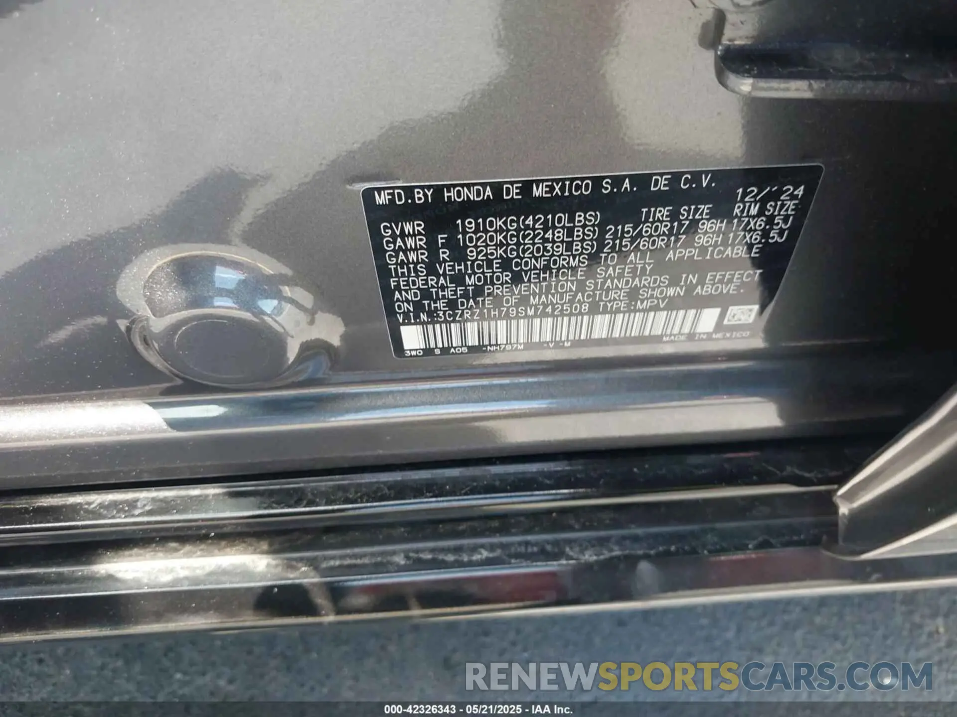 9 fotografías del automóvil dañado 3CZRZ1H79SM742508 HONDA HR-V 2025