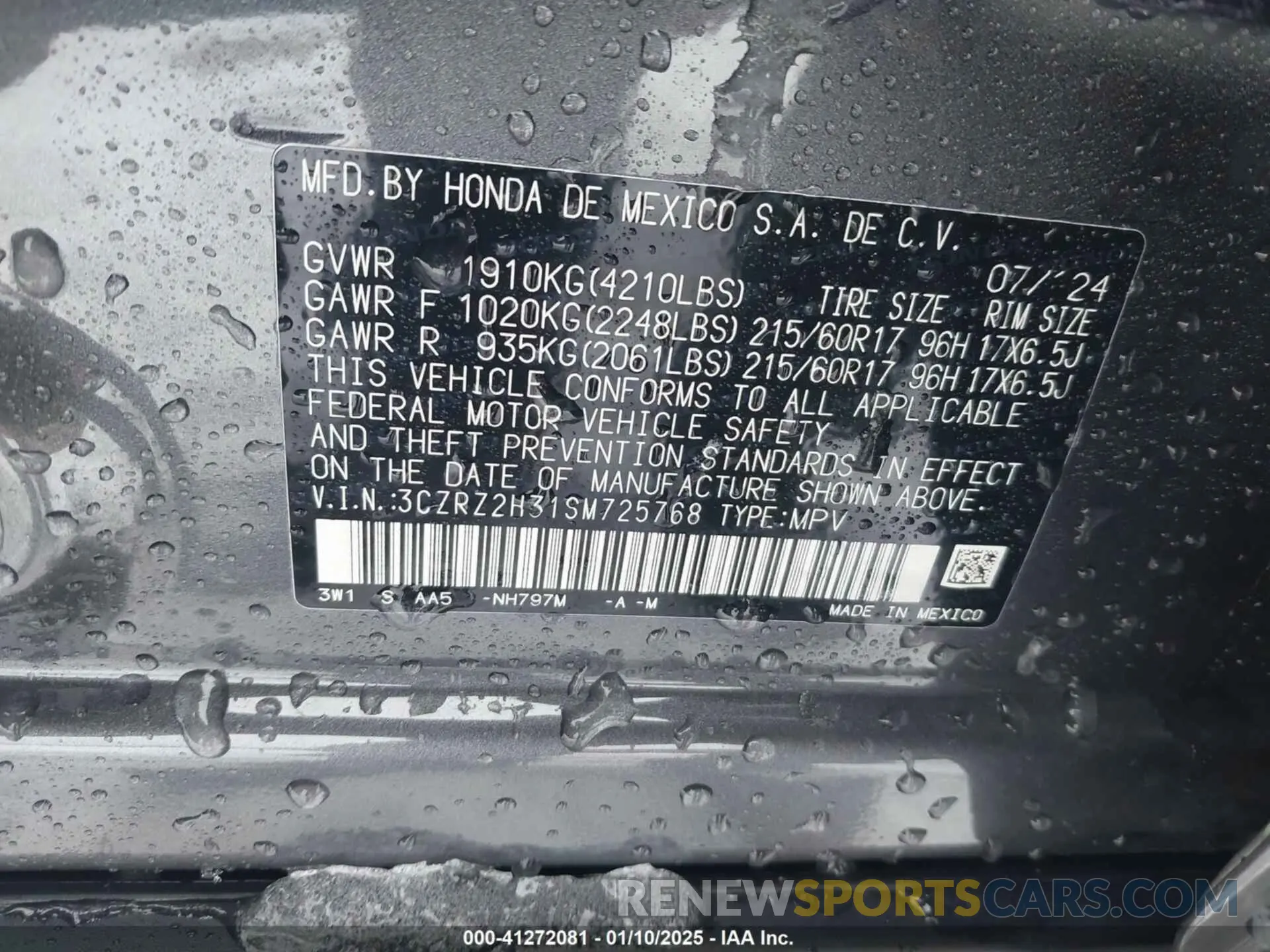 9 fotografías del automóvil dañado 3CZRZ2H31SM725768 HONDA HR-V 2025
