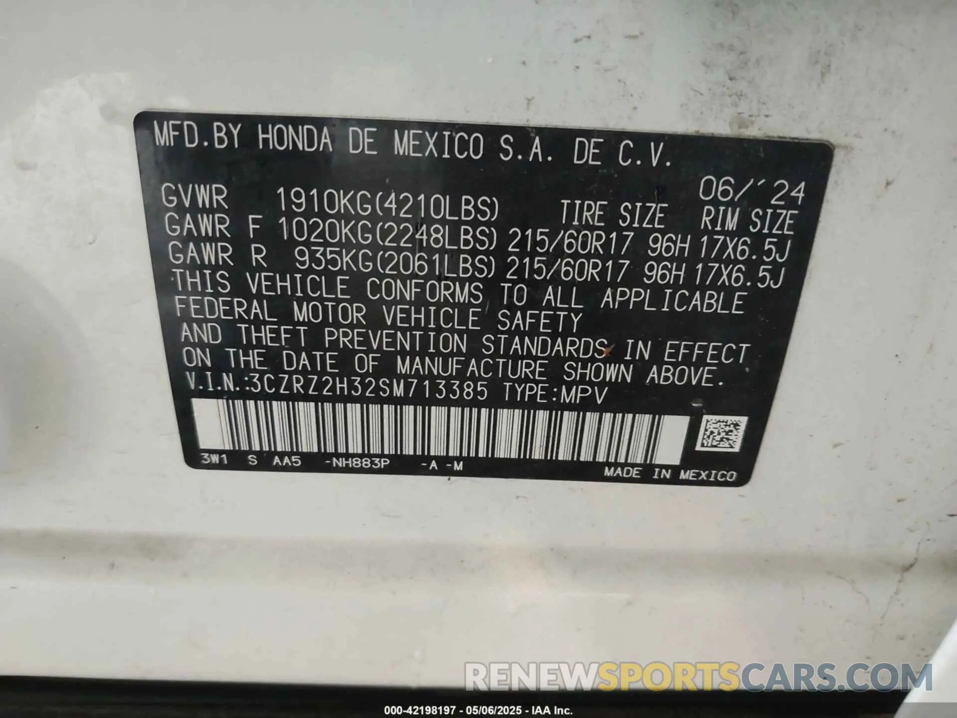 9 fotografías del automóvil dañado 3CZRZ2H32SM713385 HONDA HR-V 2025