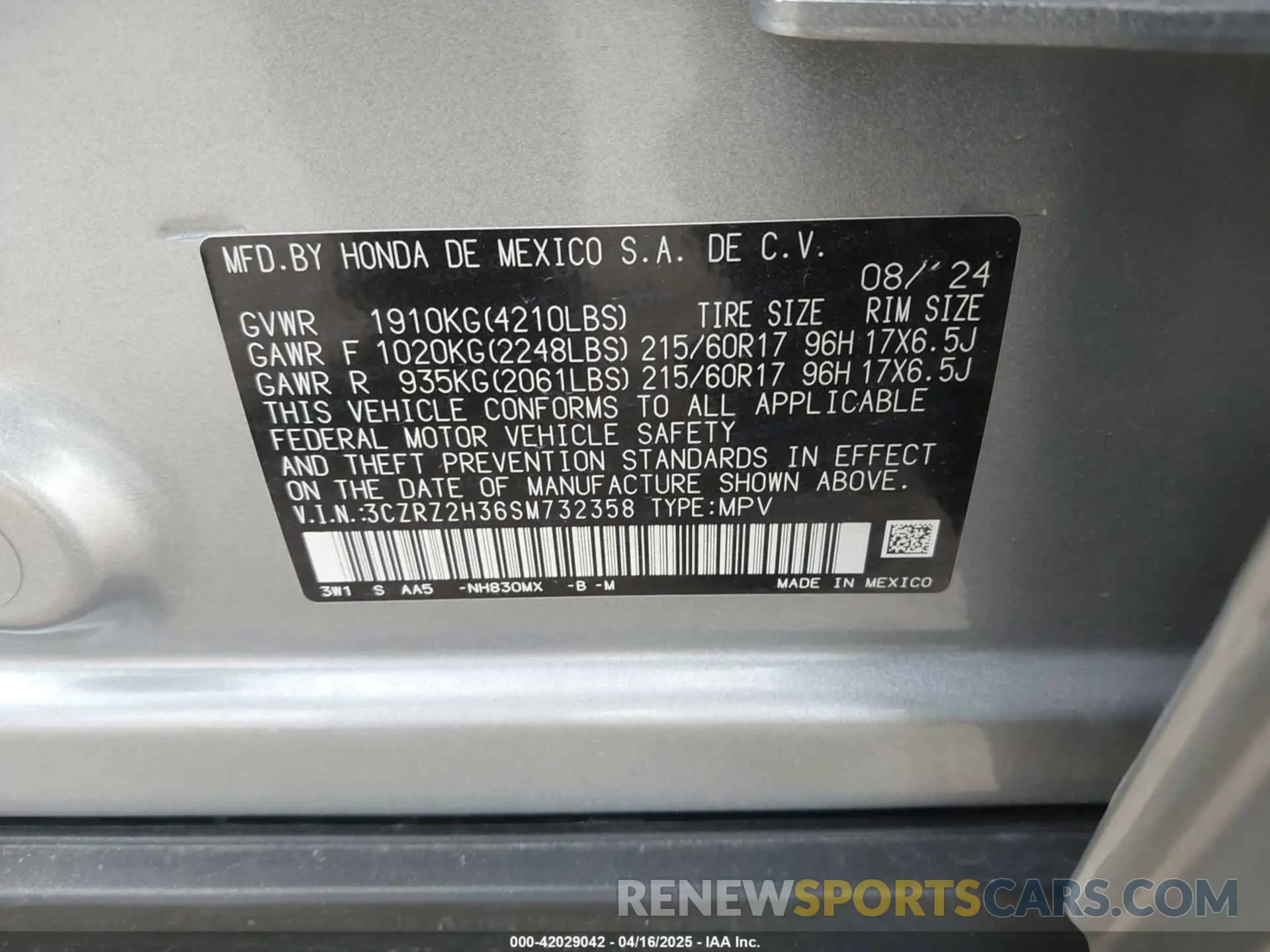 9 fotografías del automóvil dañado 3CZRZ2H36SM732358 HONDA HR-V 2025