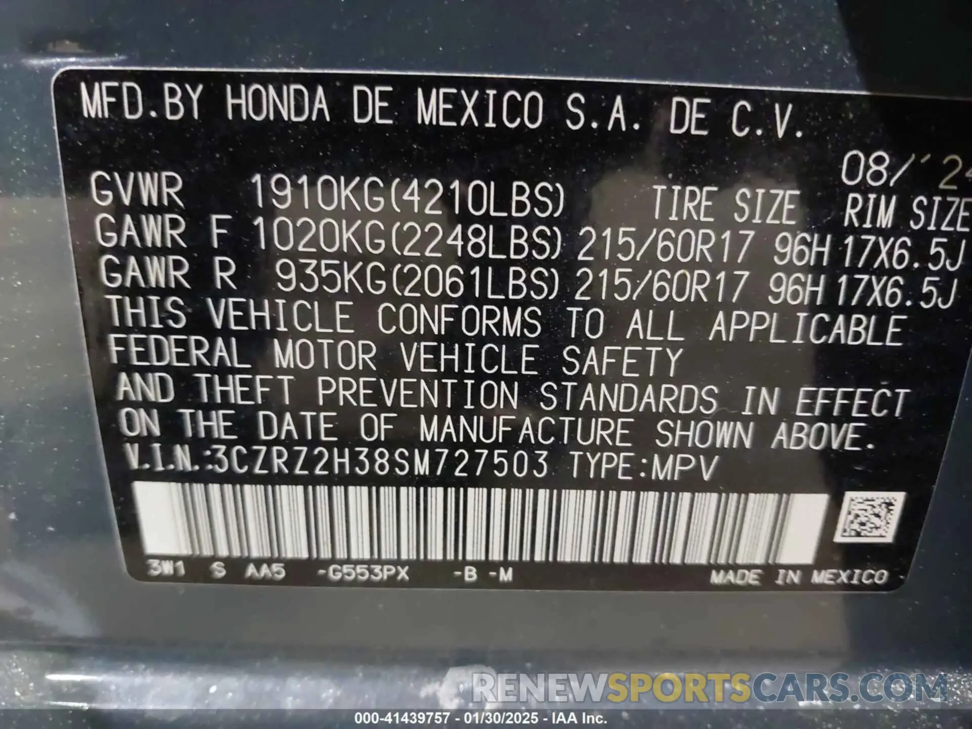 9 fotografías del automóvil dañado 3CZRZ2H38SM727503 HONDA HR-V 2025