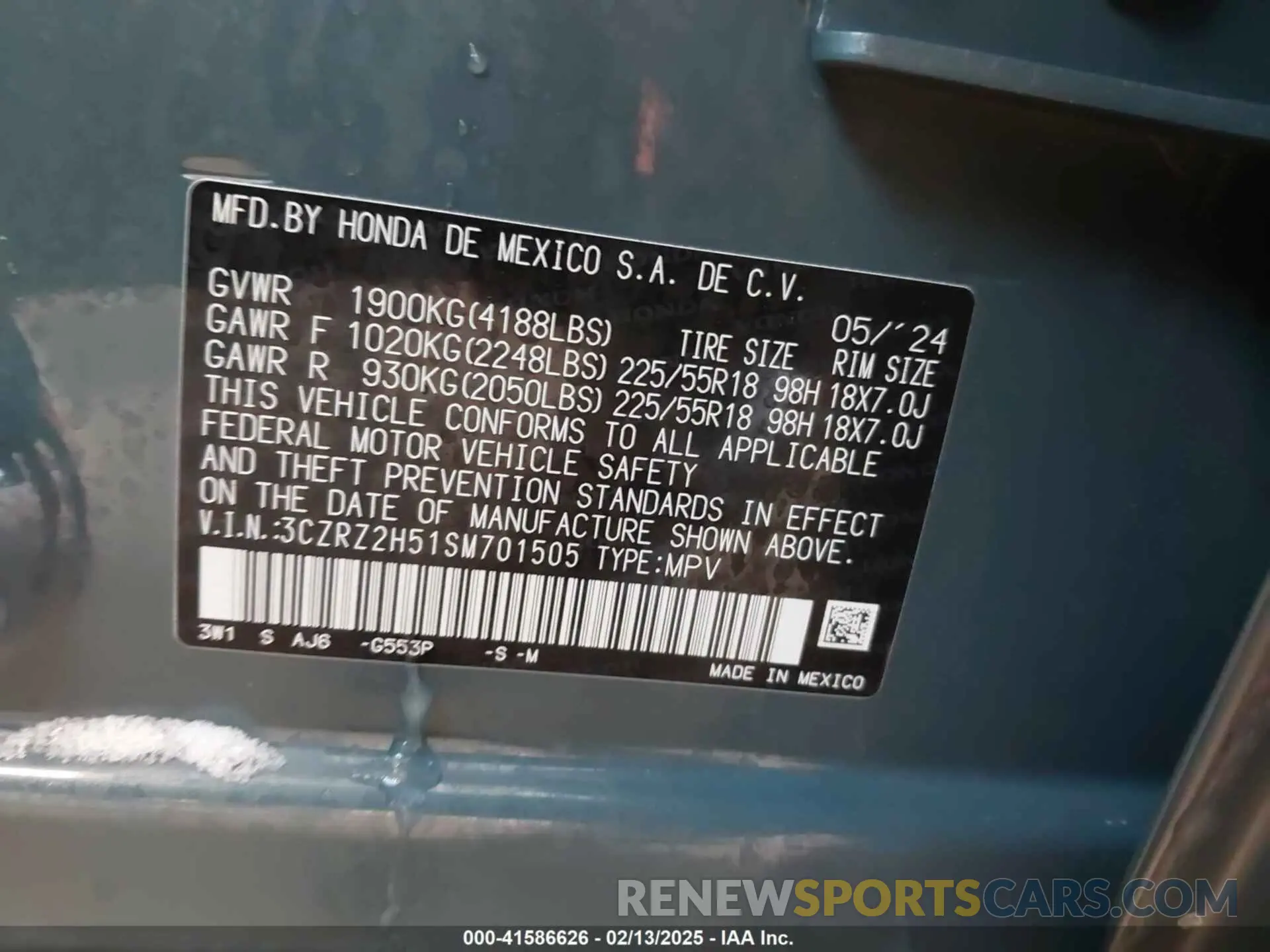 9 fotografías del automóvil dañado 3CZRZ2H51SM701505 HONDA HR-V 2025