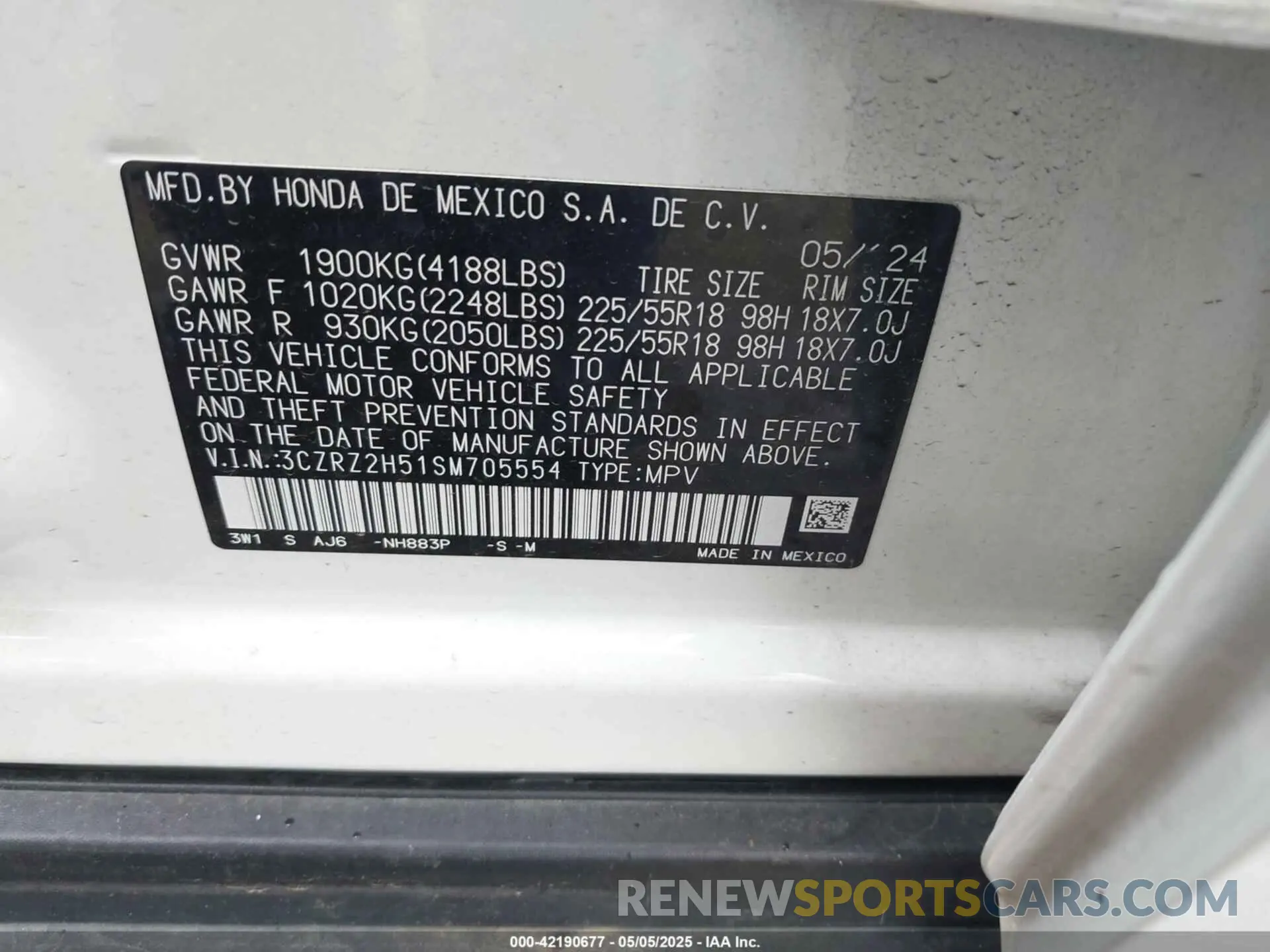 9 fotografías del automóvil dañado 3CZRZ2H51SM705554 HONDA HR-V 2025