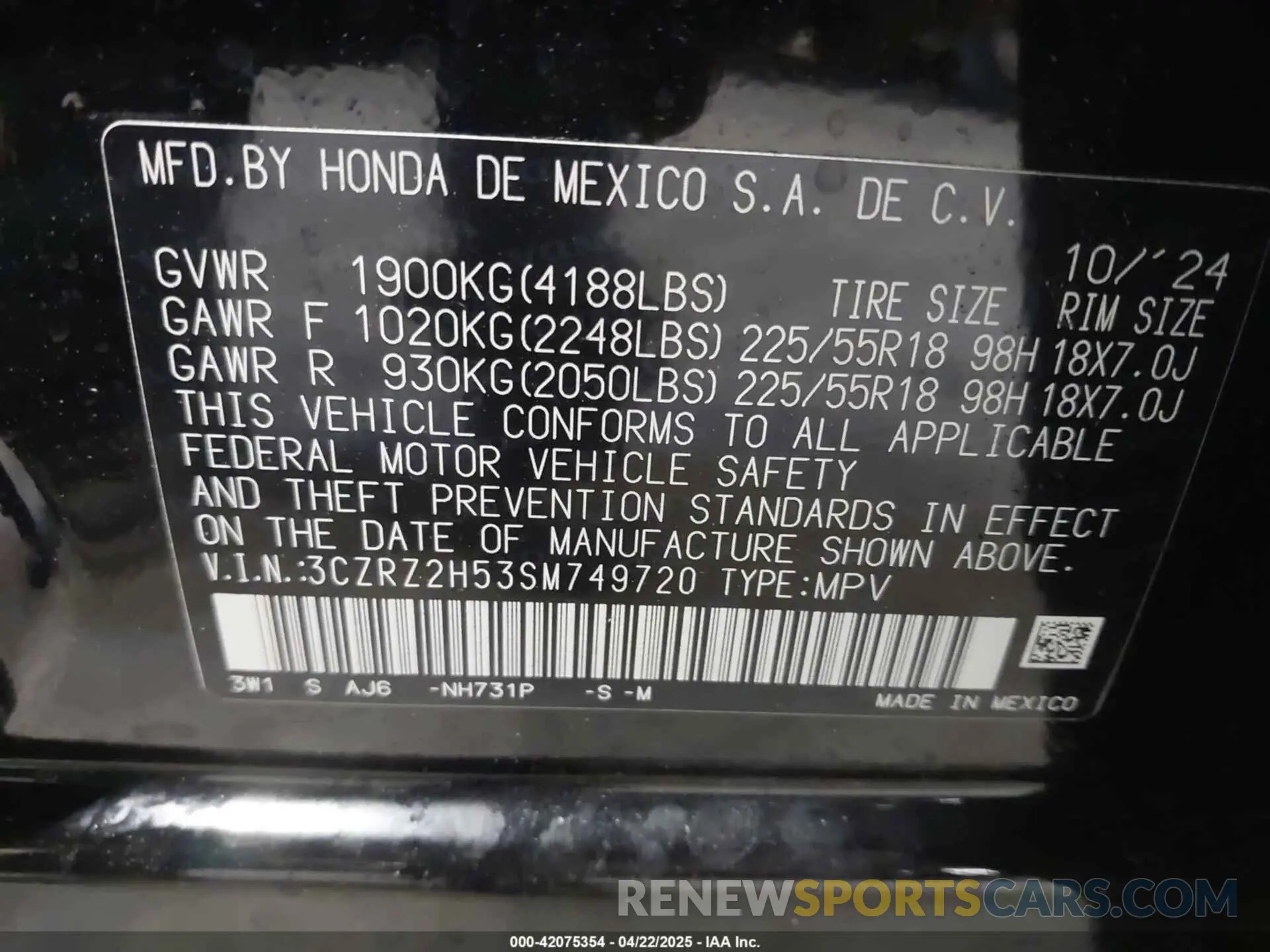 9 fotografías del automóvil dañado 3CZRZ2H53SM749720 HONDA HR-V 2025