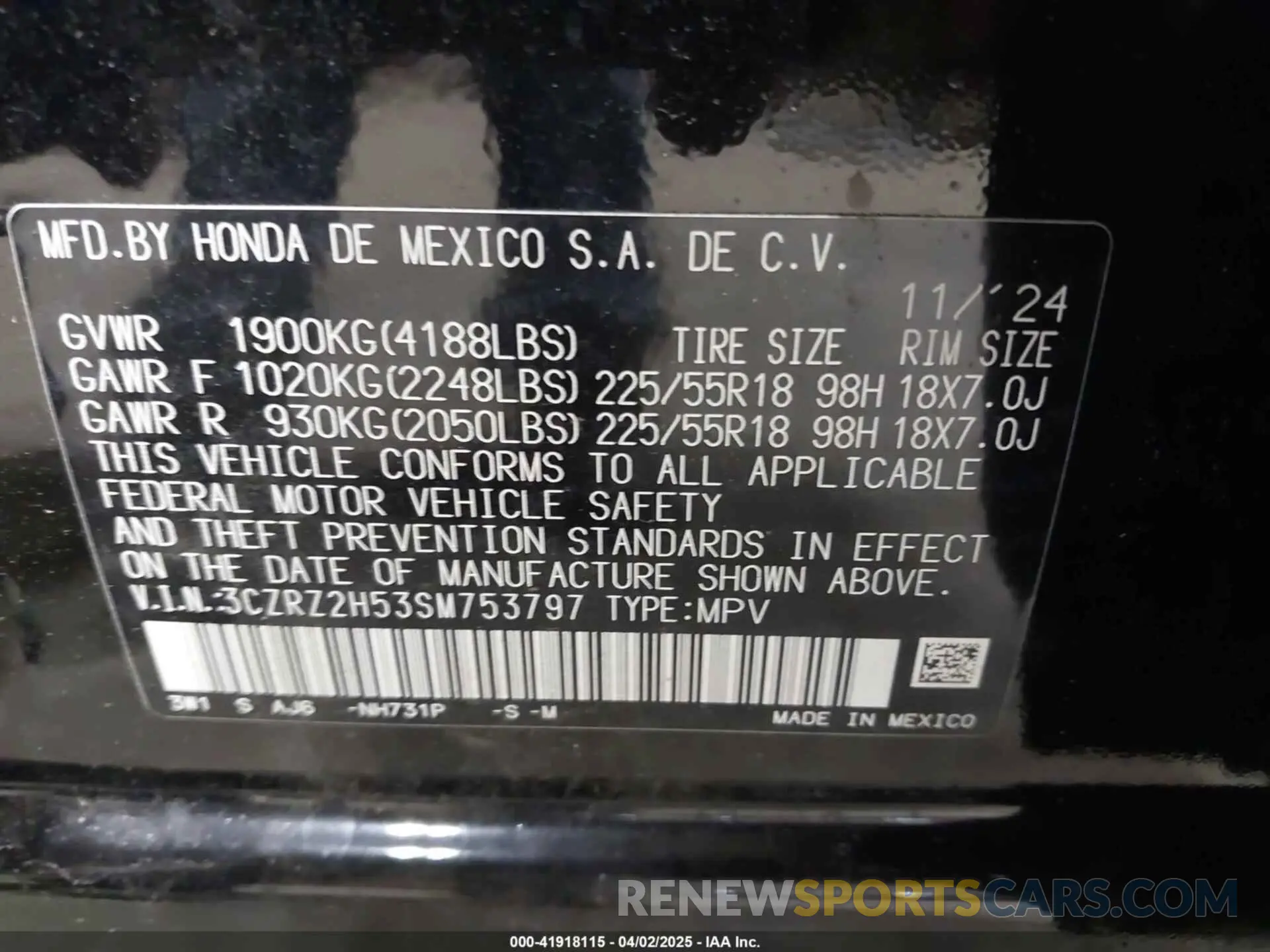 9 fotografías del automóvil dañado 3CZRZ2H53SM753797 HONDA HR-V 2025