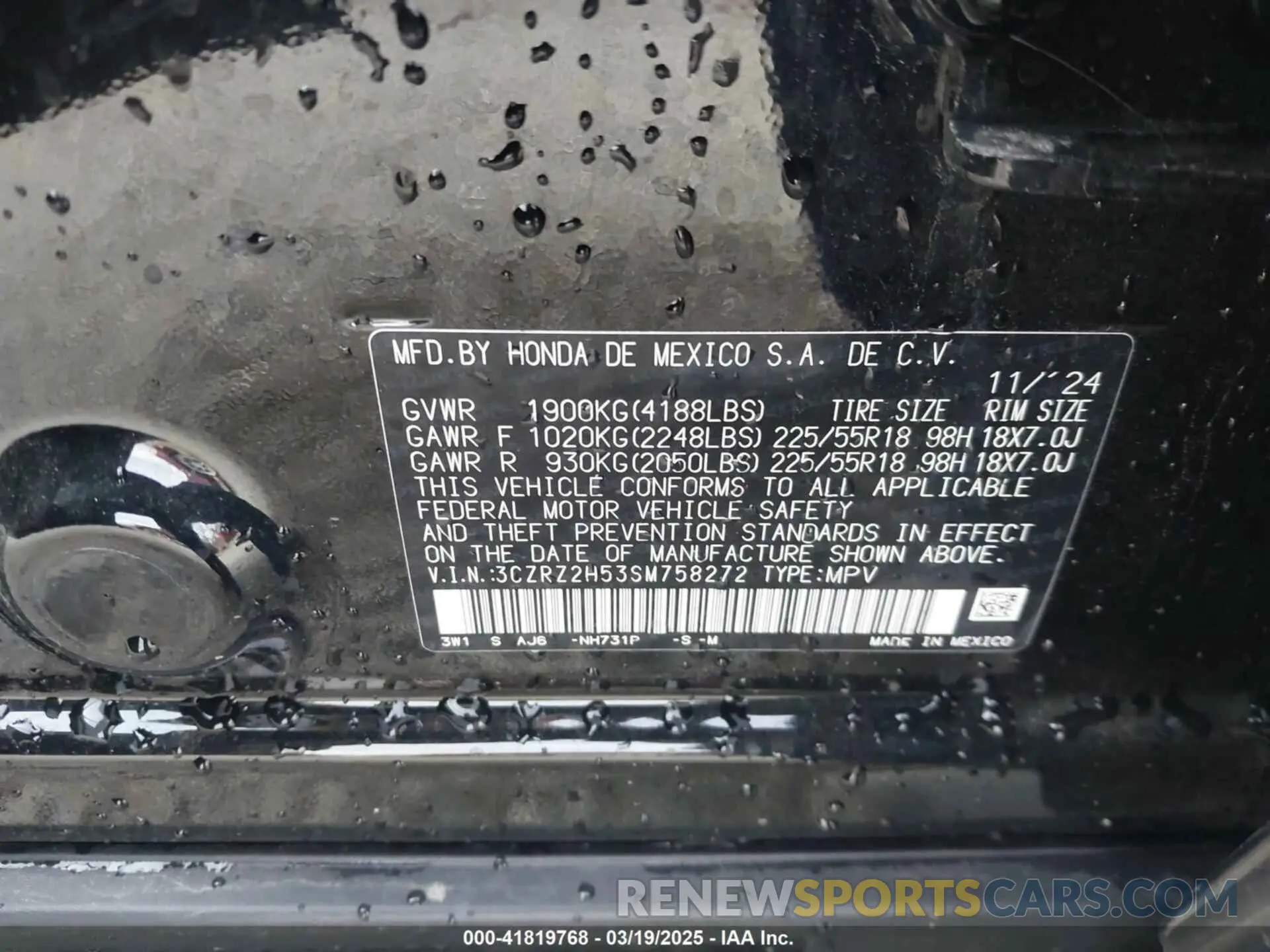 9 fotografías del automóvil dañado 3CZRZ2H53SM758272 HONDA HR-V 2025