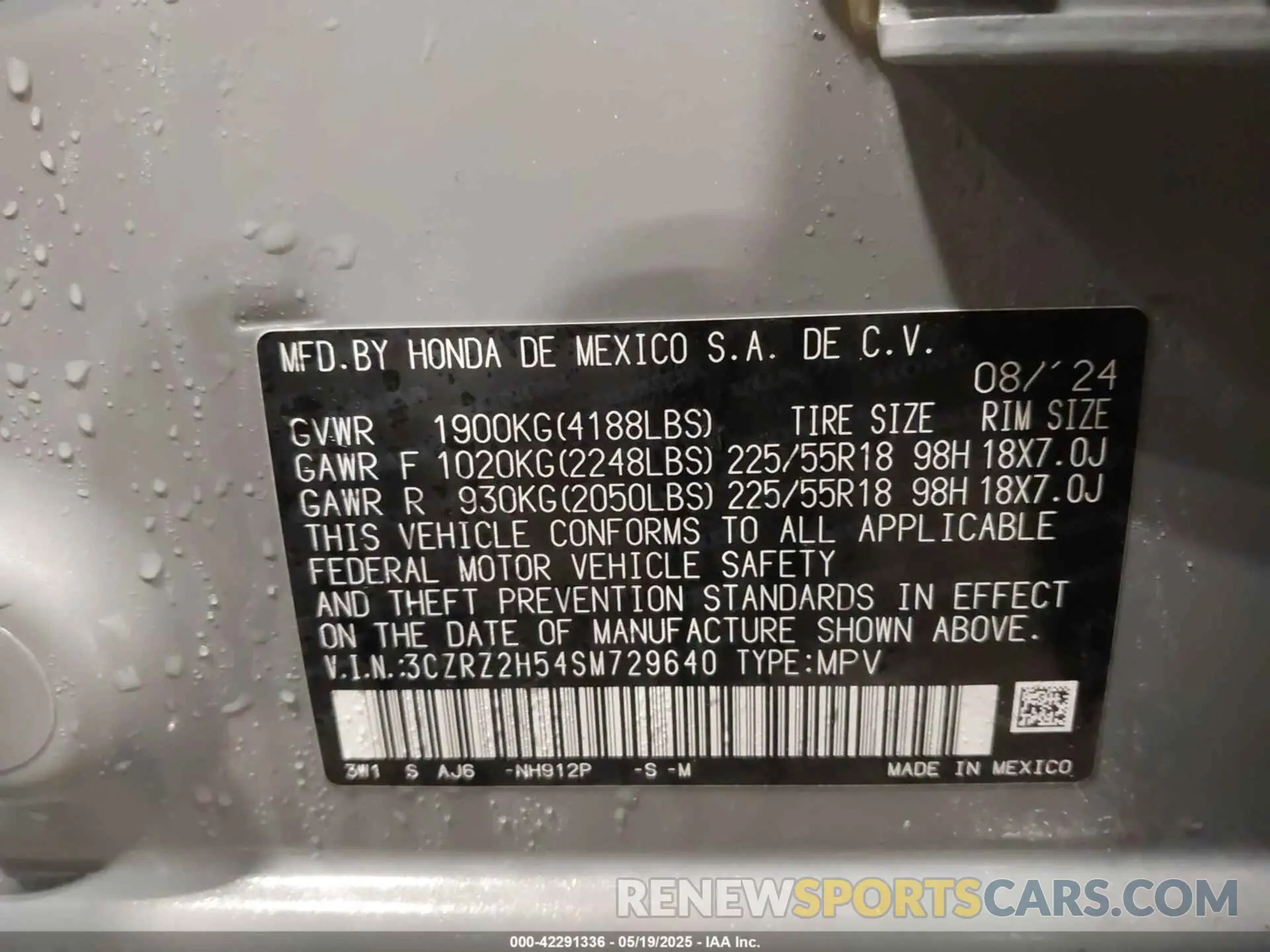 9 fotografías del automóvil dañado 3CZRZ2H54SM729640 HONDA HR-V 2025