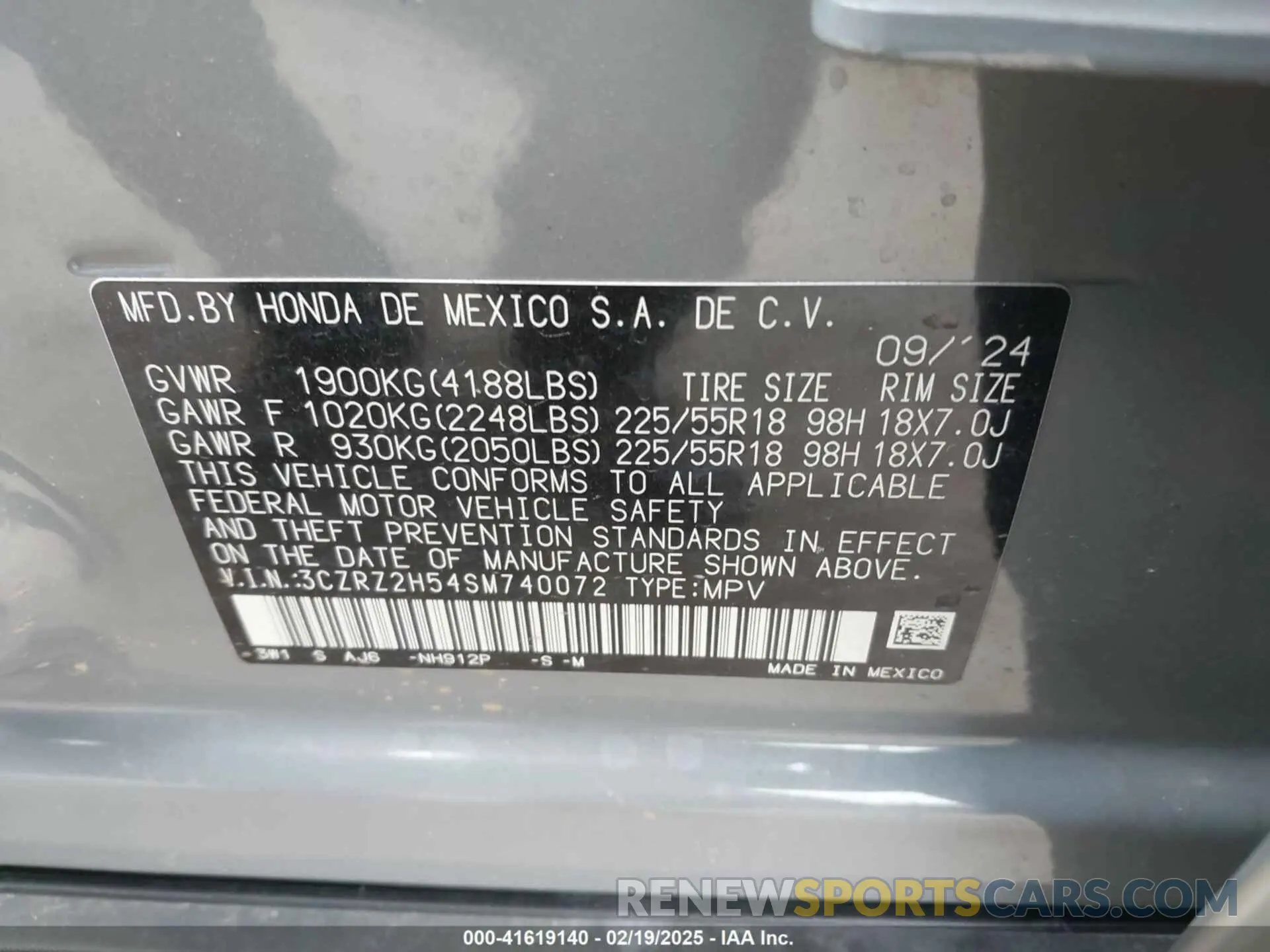 9 fotografías del automóvil dañado 3CZRZ2H54SM740072 HONDA HR-V 2025