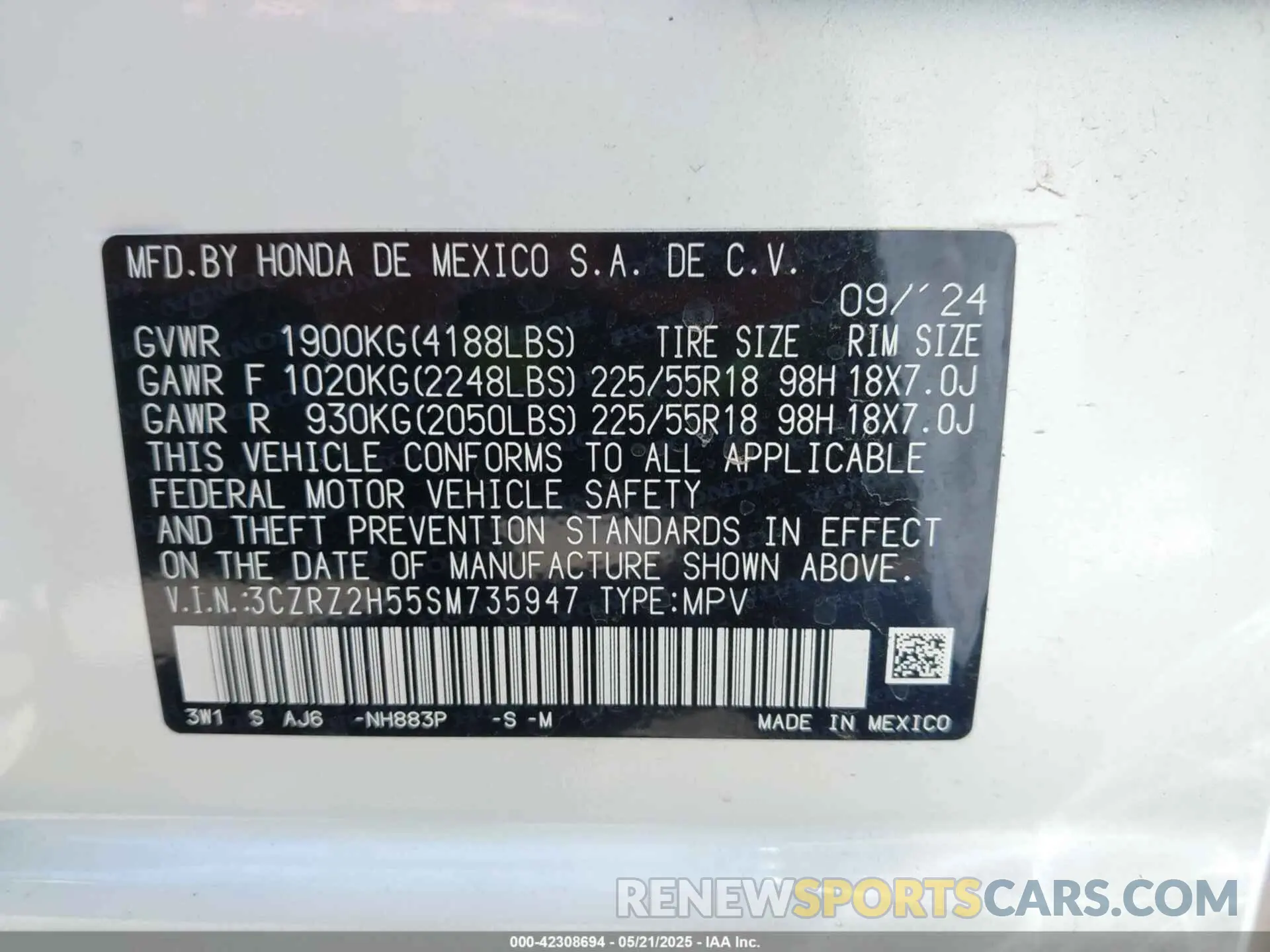 9 fotografías del automóvil dañado 3CZRZ2H55SM735947 HONDA HR-V 2025