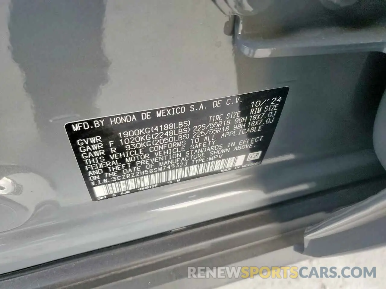 14 fotografías del automóvil dañado 3CZRZ2H56SM745323 HONDA HR-V 2025