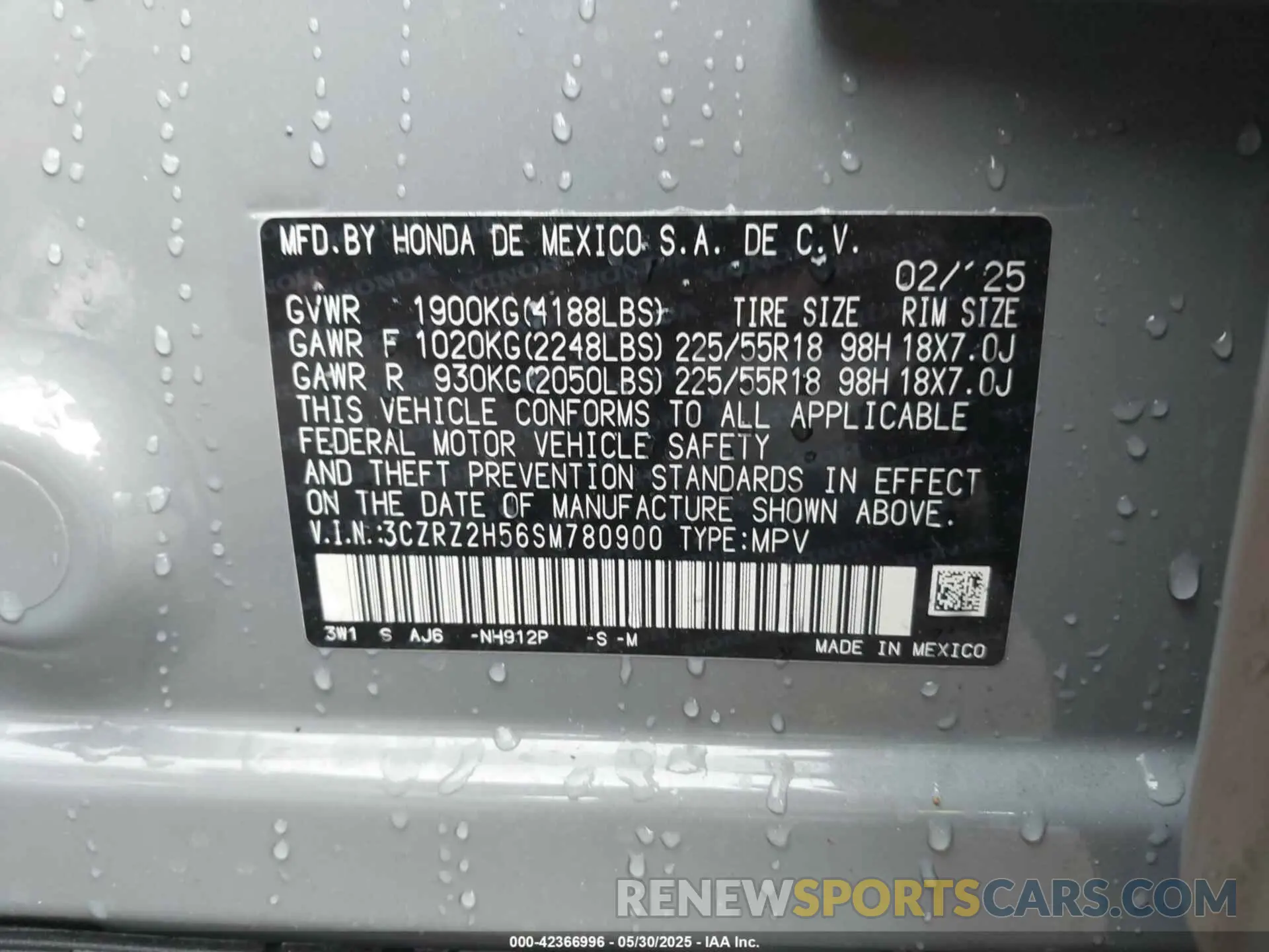 9 fotografías del automóvil dañado 3CZRZ2H56SM780900 HONDA HR-V 2025
