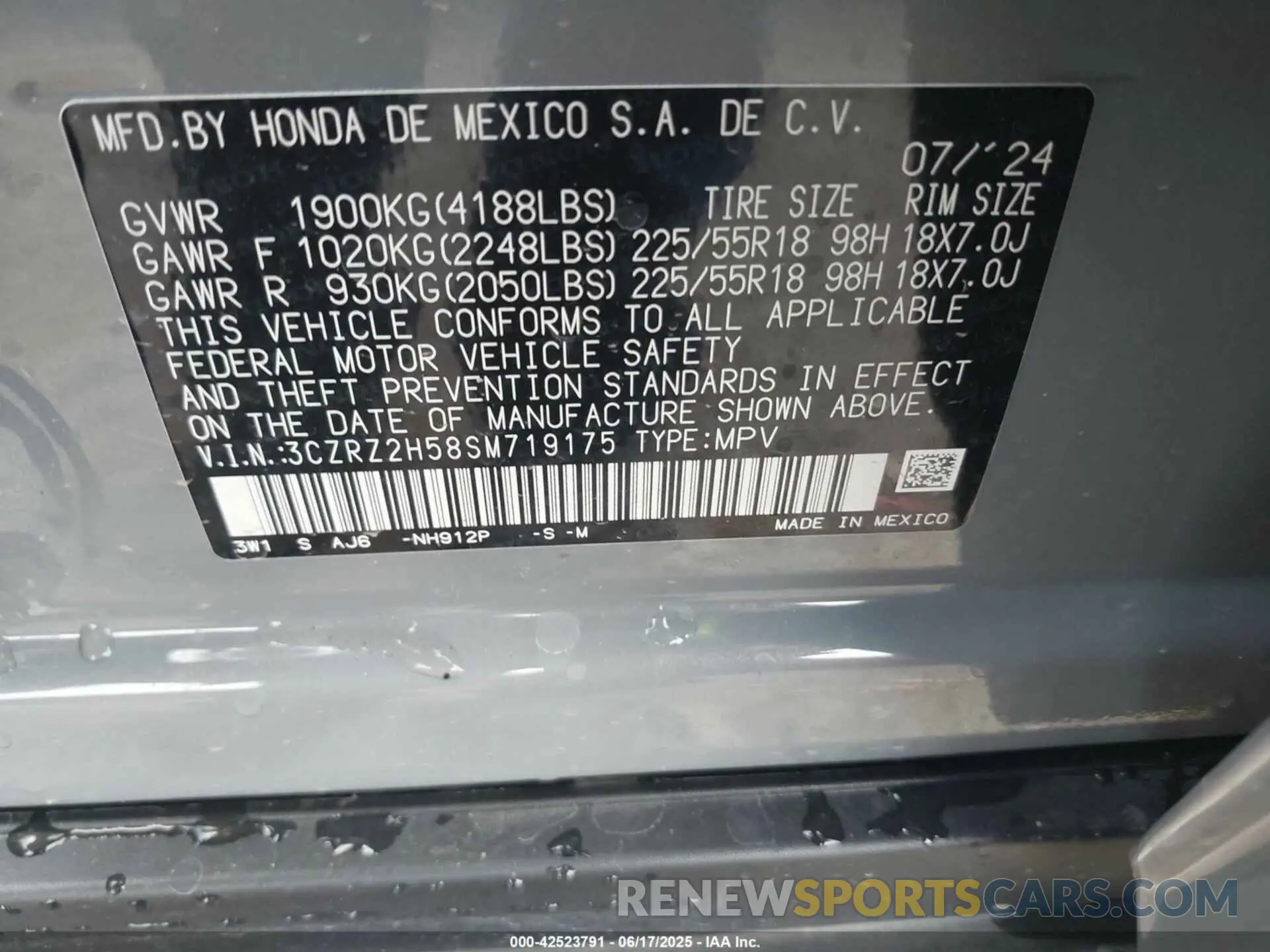 9 fotografías del automóvil dañado 3CZRZ2H58SM719175 HONDA HR-V 2025