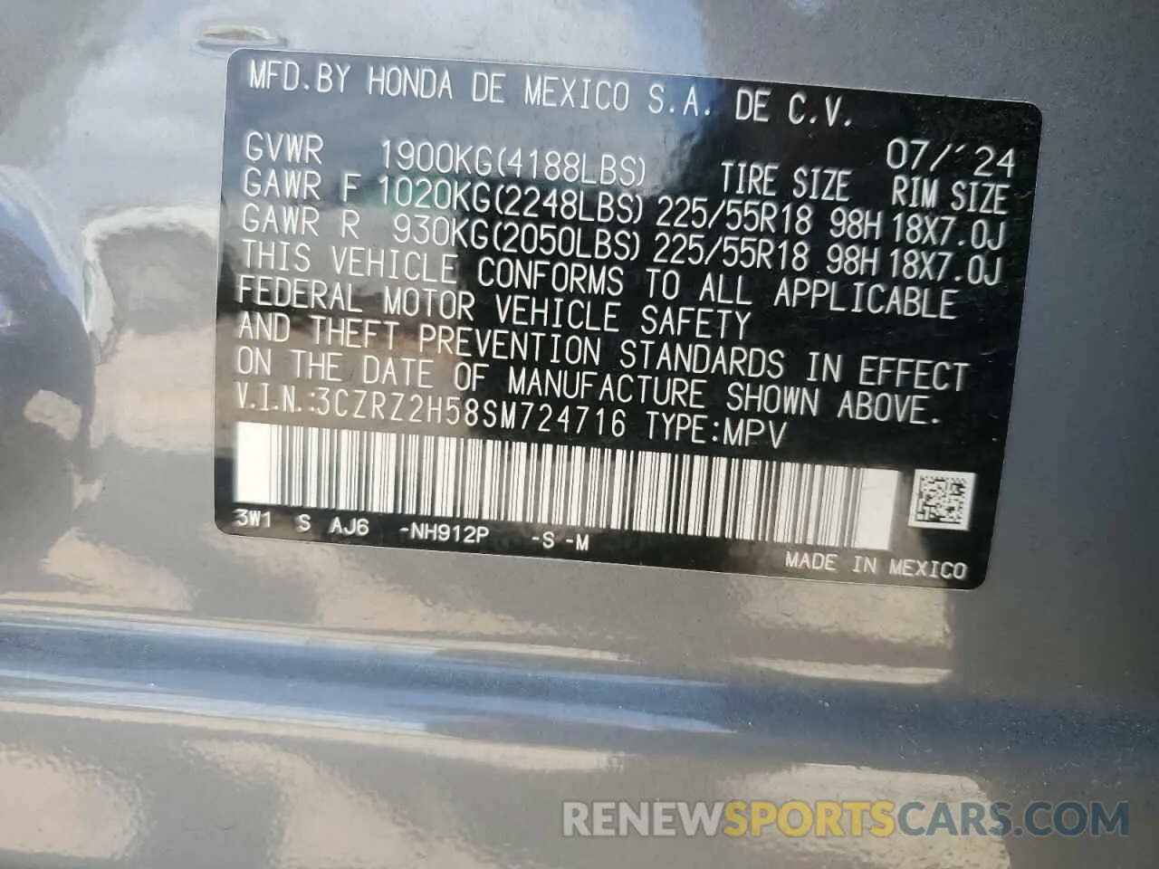 14 fotografías del automóvil dañado 3CZRZ2H58SM724716 HONDA HR-V 2025