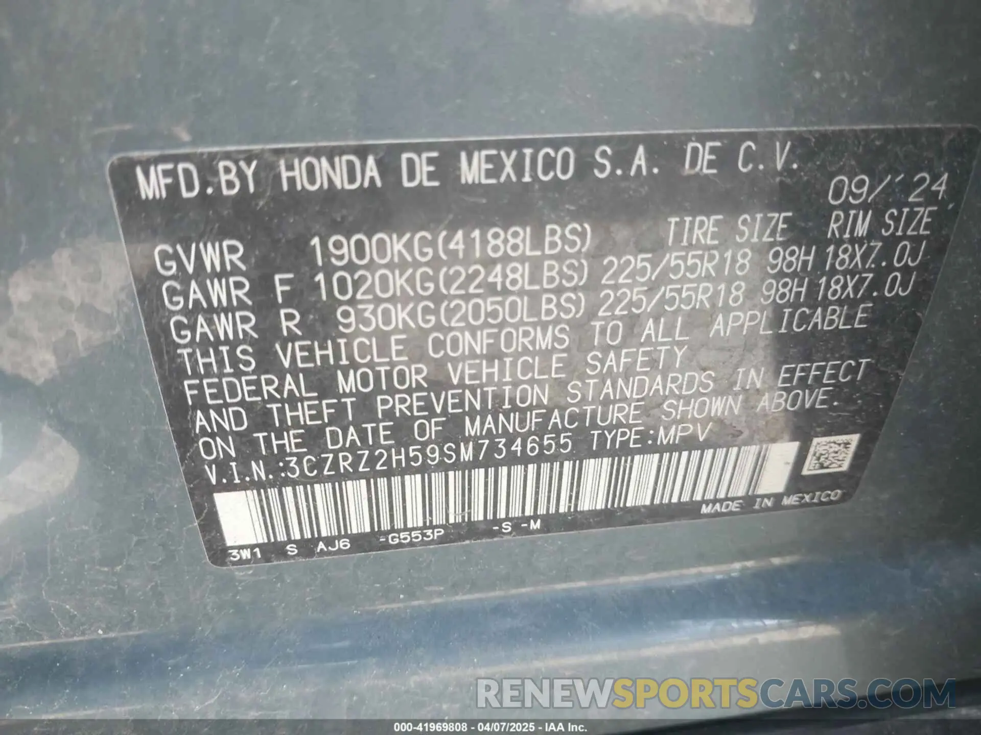 9 fotografías del automóvil dañado 3CZRZ2H59SM734655 HONDA HR-V 2025