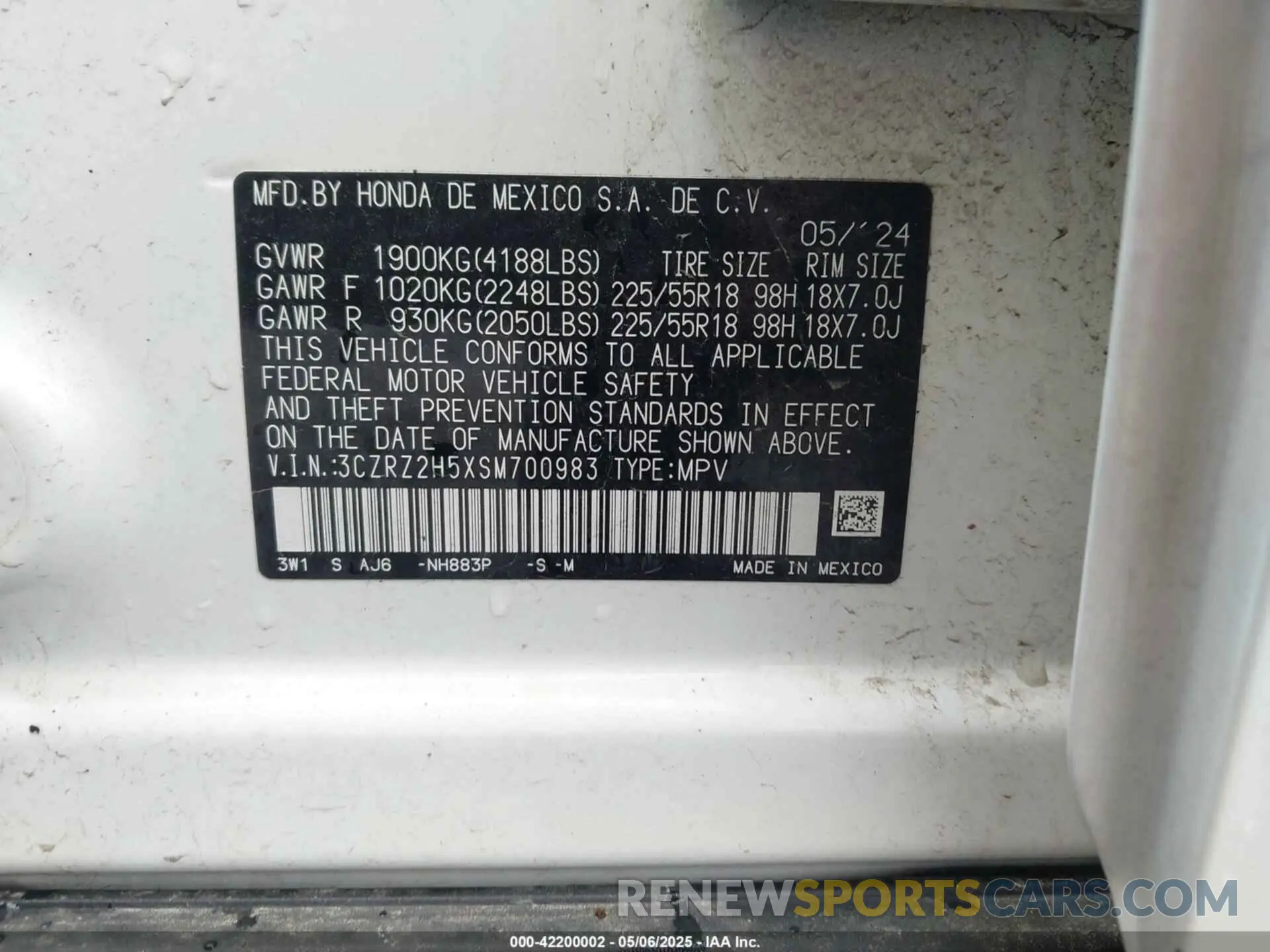 9 fotografías del automóvil dañado 3CZRZ2H5XSM700983 HONDA HR-V 2025